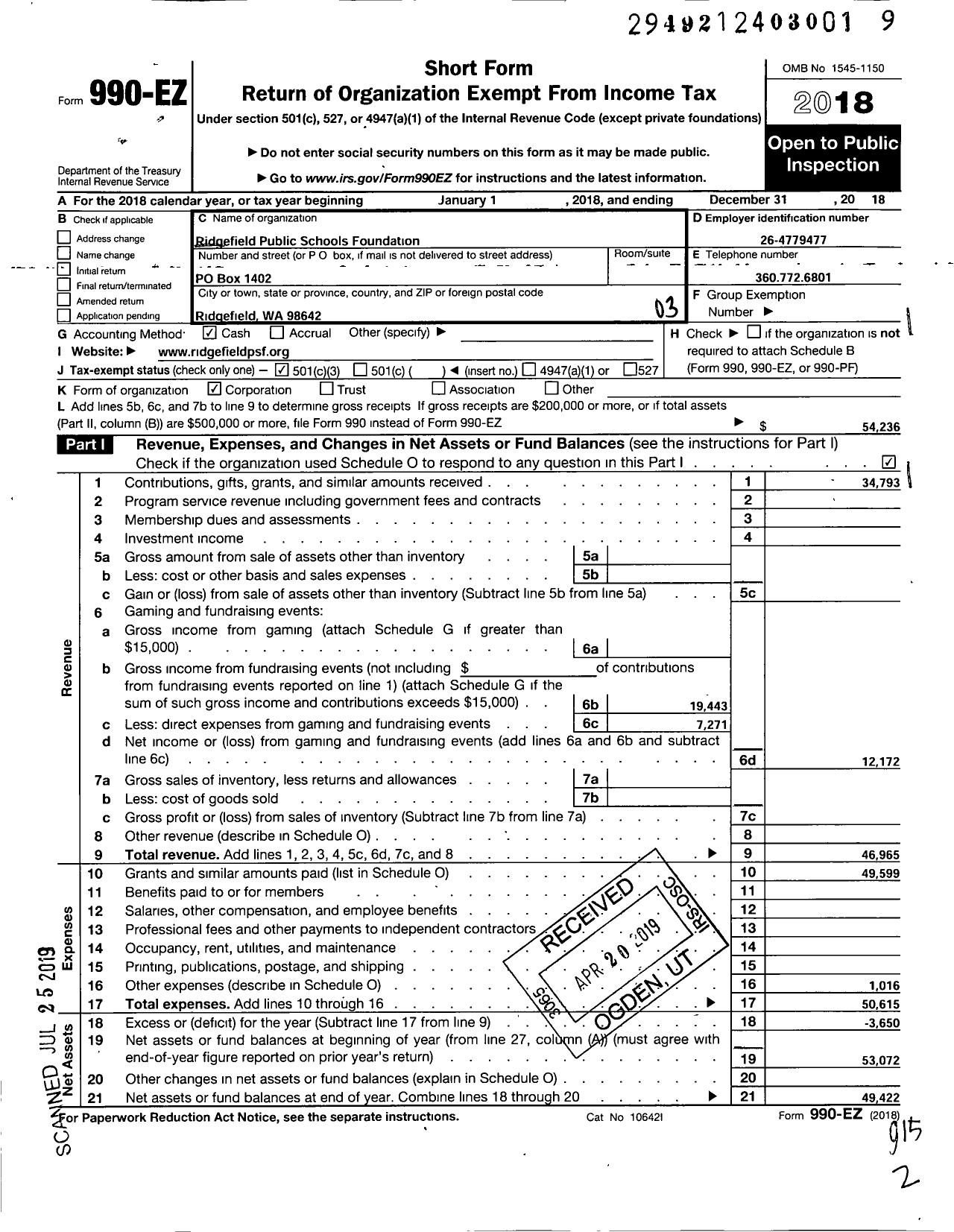 Image of first page of 2018 Form 990EZ for Ridgefield Public Schools Foundation