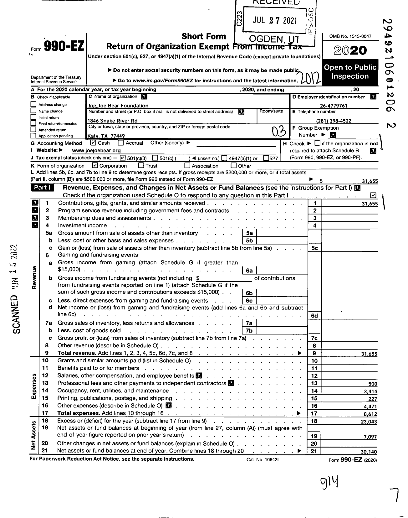 Image of first page of 2020 Form 990EZ for Joe Joe Bear Foundation