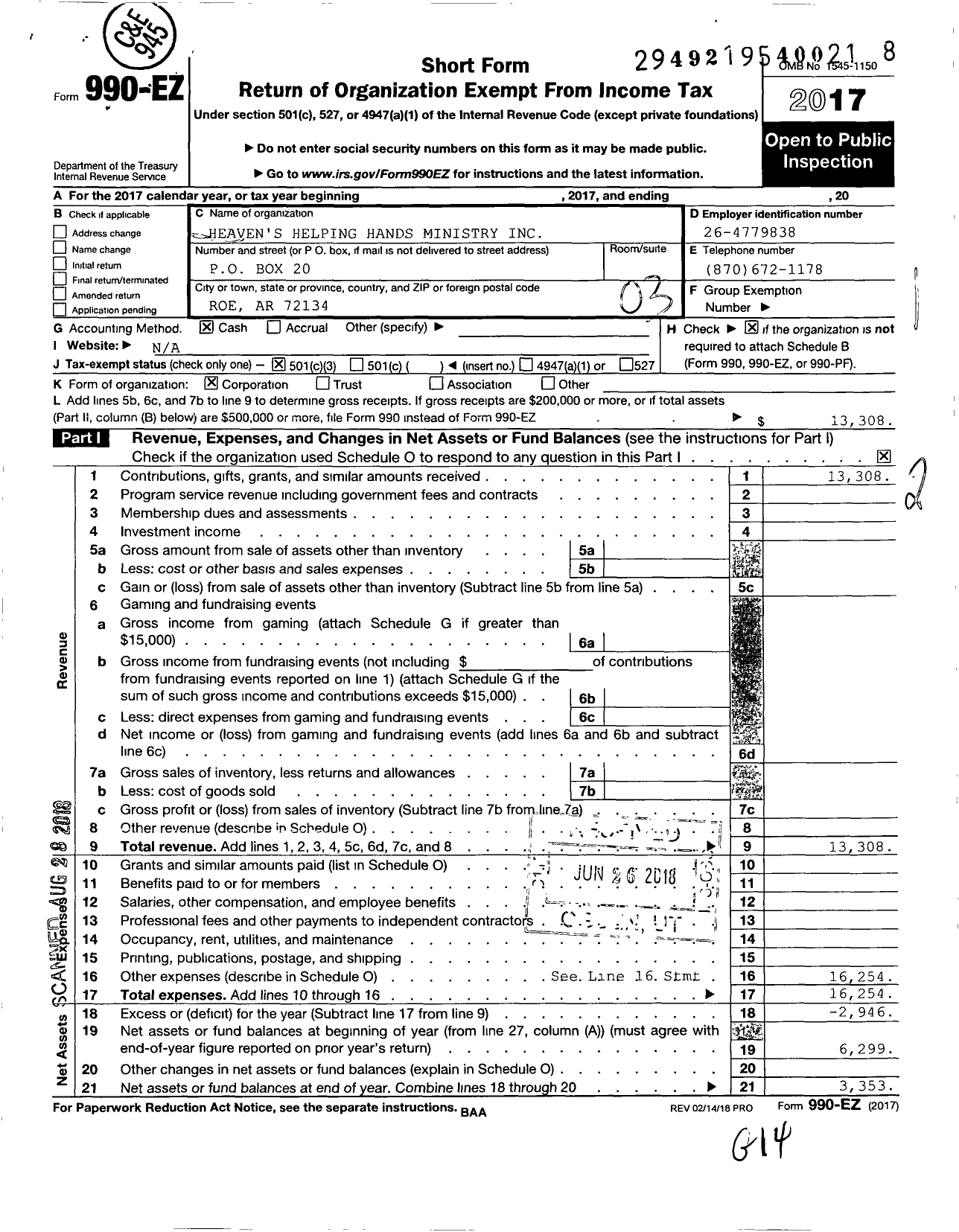 Image of first page of 2017 Form 990EZ for Heavens Helping Hands Ministry