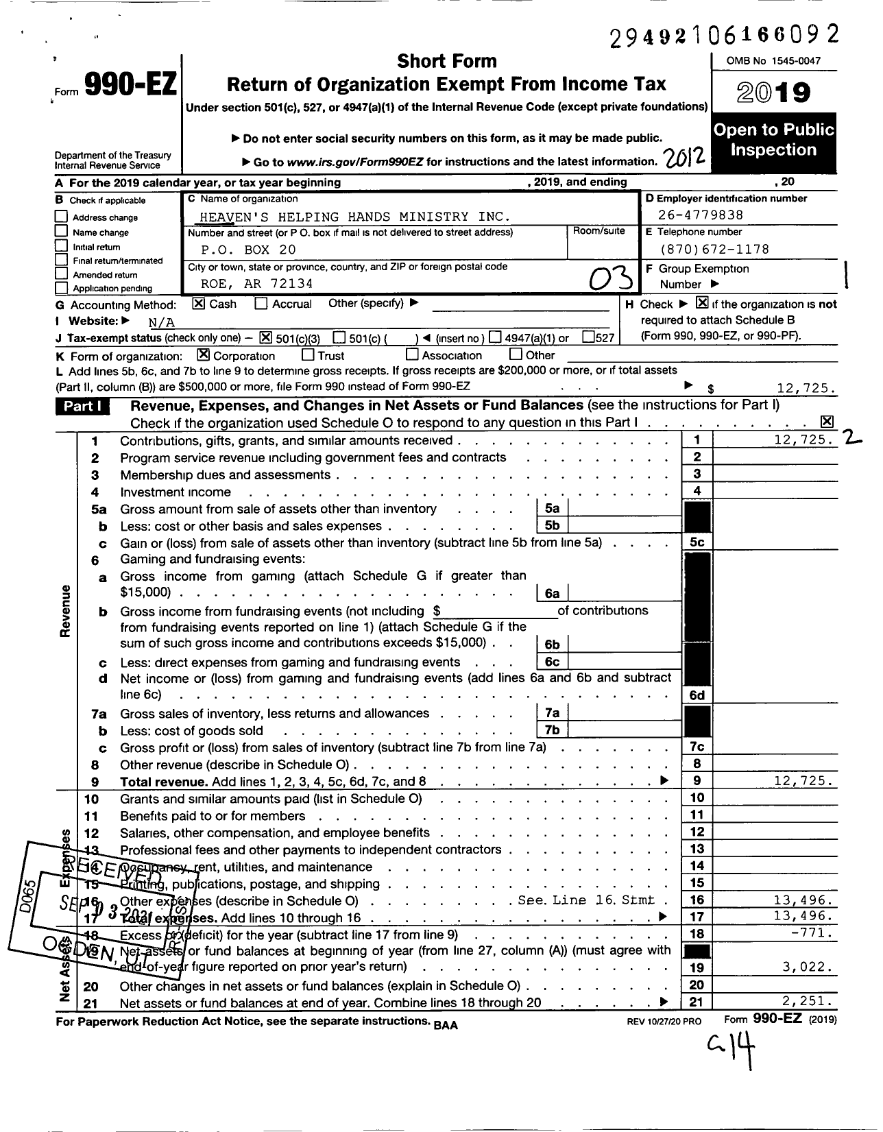 Image of first page of 2020 Form 990EZ for Heavens Helping Hands Ministry