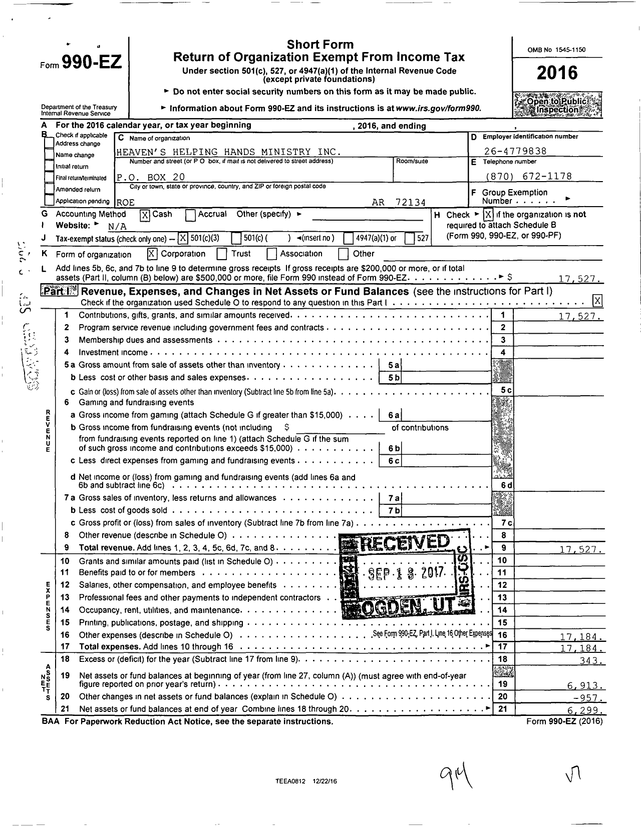 Image of first page of 2016 Form 990EZ for Heavens Helping Hands Ministry