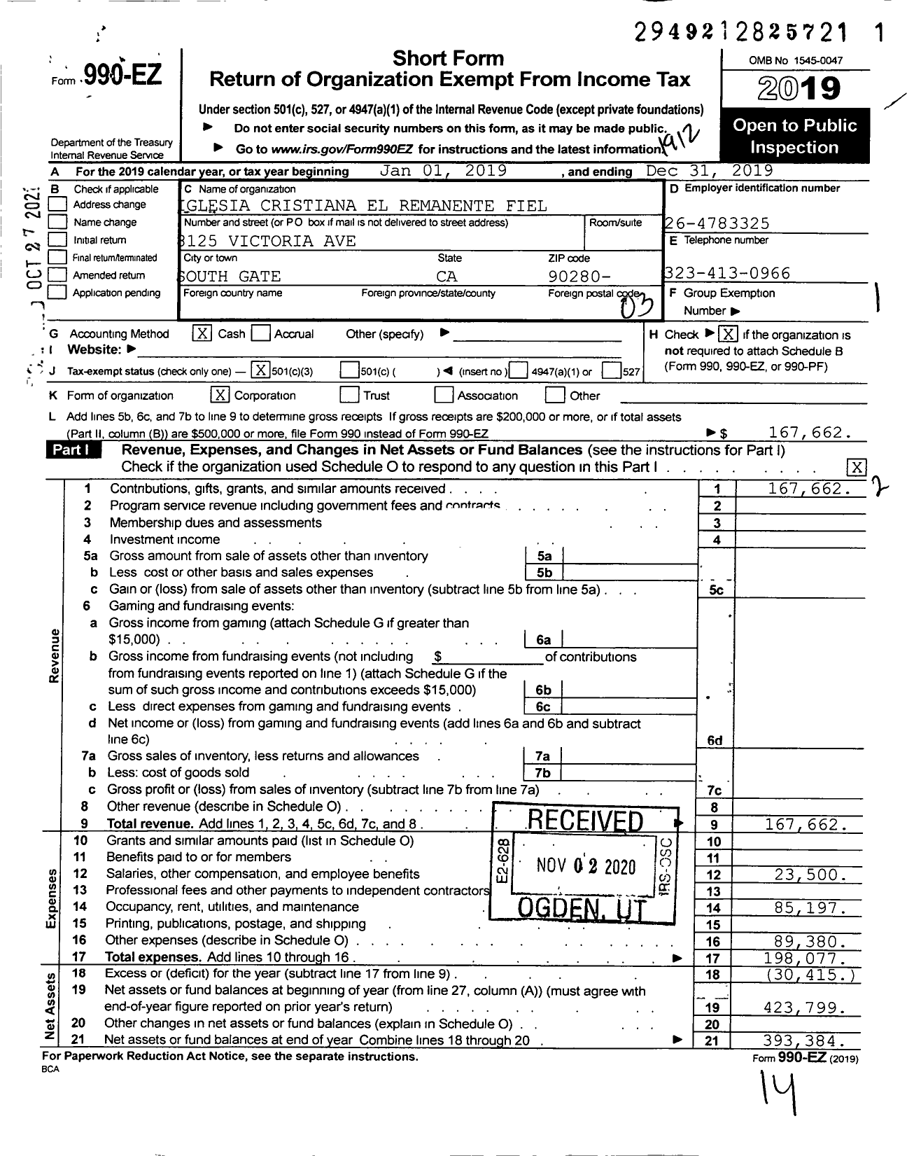 Image of first page of 2019 Form 990EZ for Iglesia Cristiana El Remanente Fiel