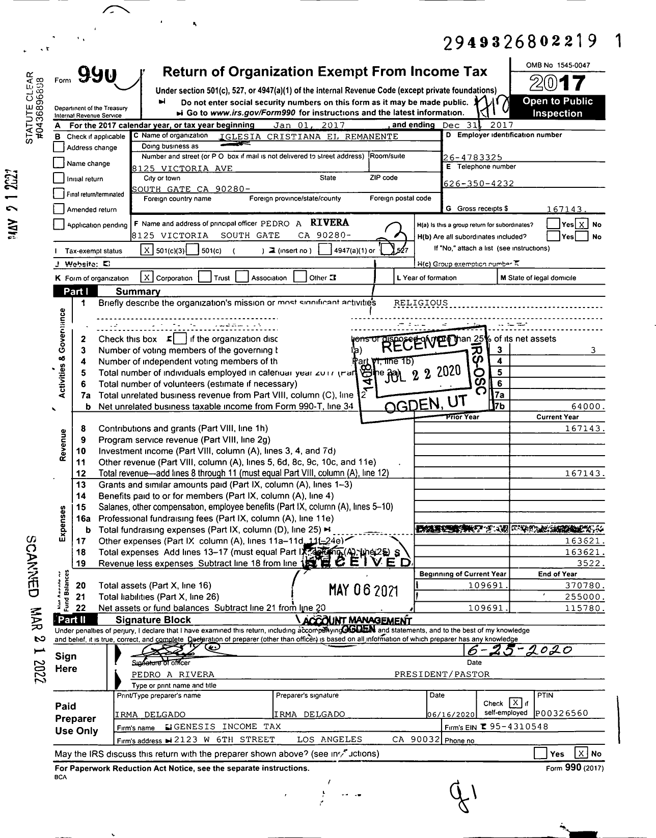 Image of first page of 2017 Form 990 for Iglesia Cristiana El Remanente Fiel