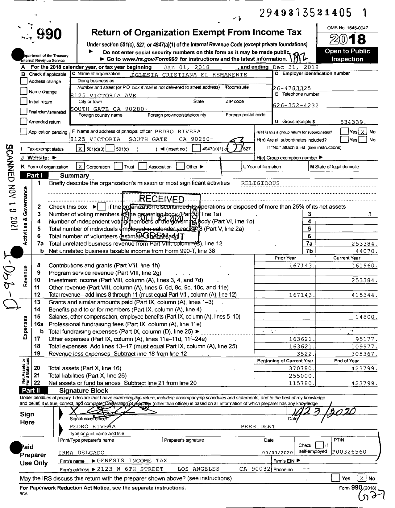 Image of first page of 2018 Form 990 for Iglesia Cristiana El Remanente Fiel