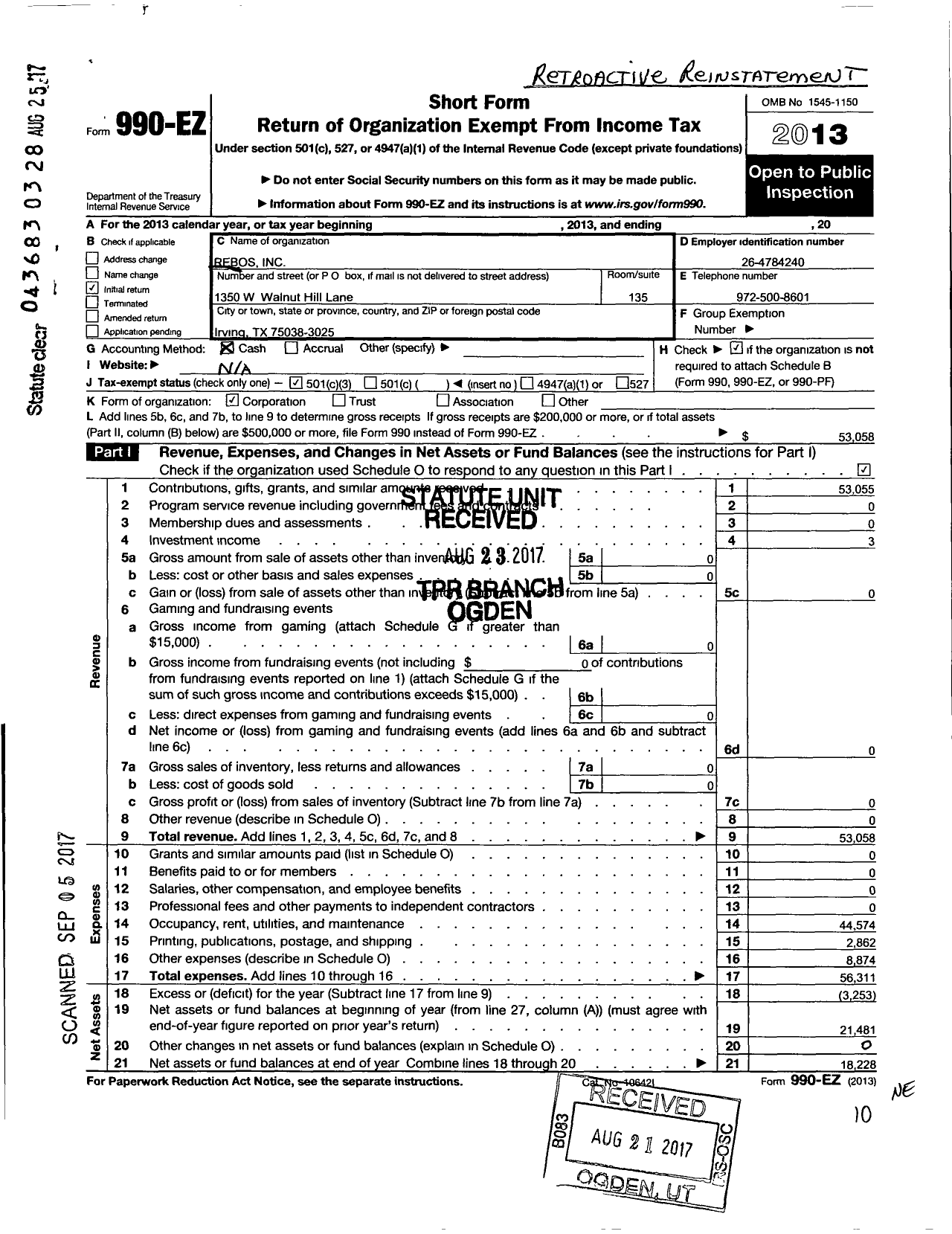 Image of first page of 2013 Form 990EZ for Rebos