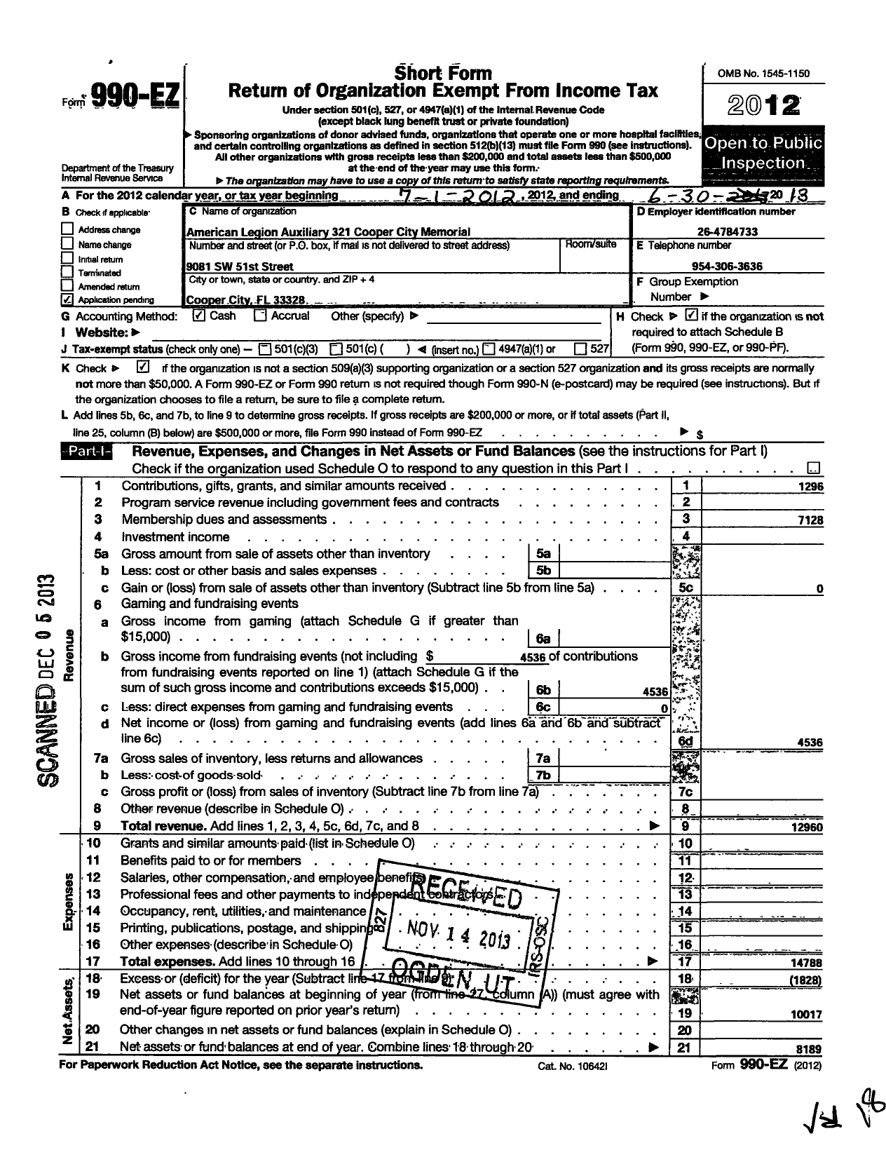 Image of first page of 2012 Form 990EO for American Legion Auxiliary Cooper City Memorial Unit 321