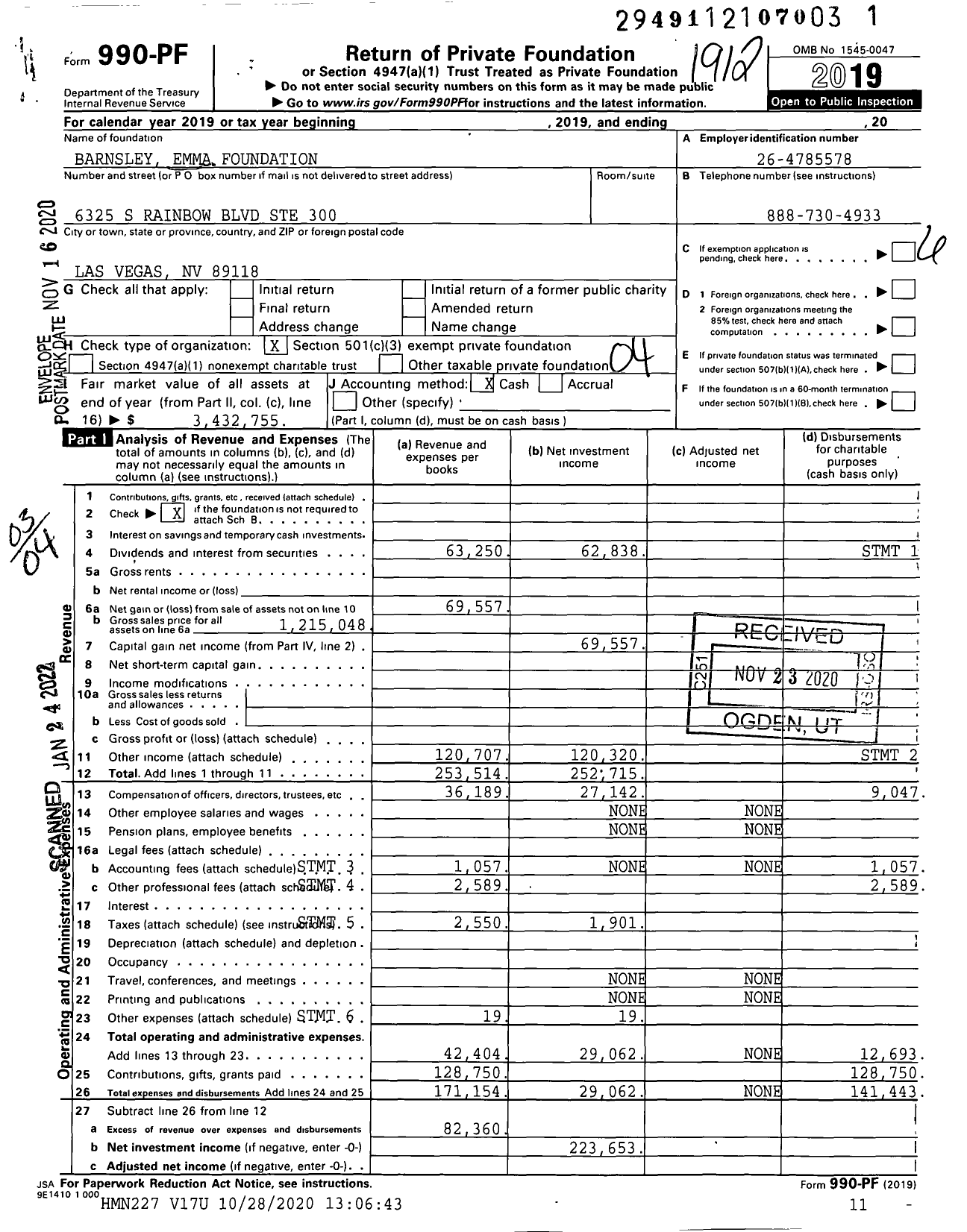 Image of first page of 2019 Form 990PF for Barnsley Emma Foundation