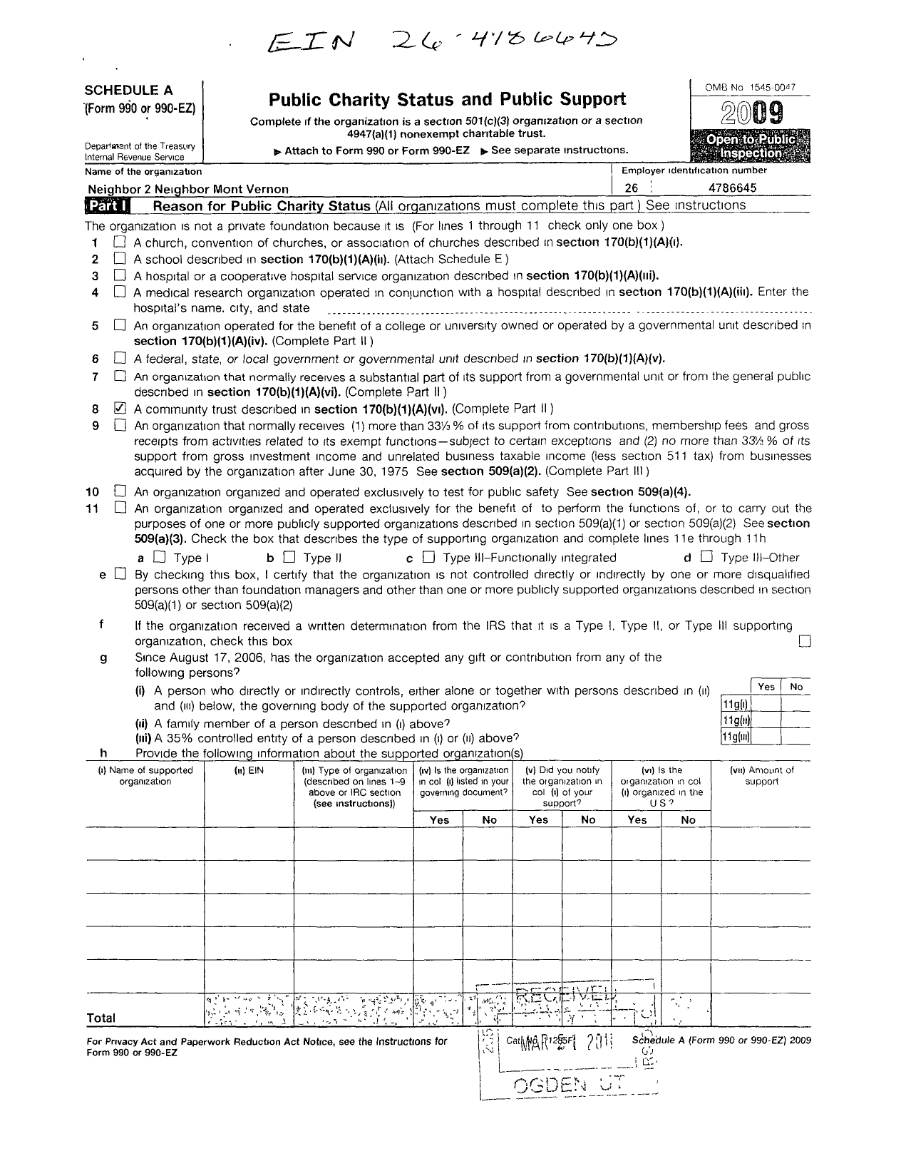 Image of first page of 2009 Form 990ER for Neighbor 2 Neighbor Mont Vernon