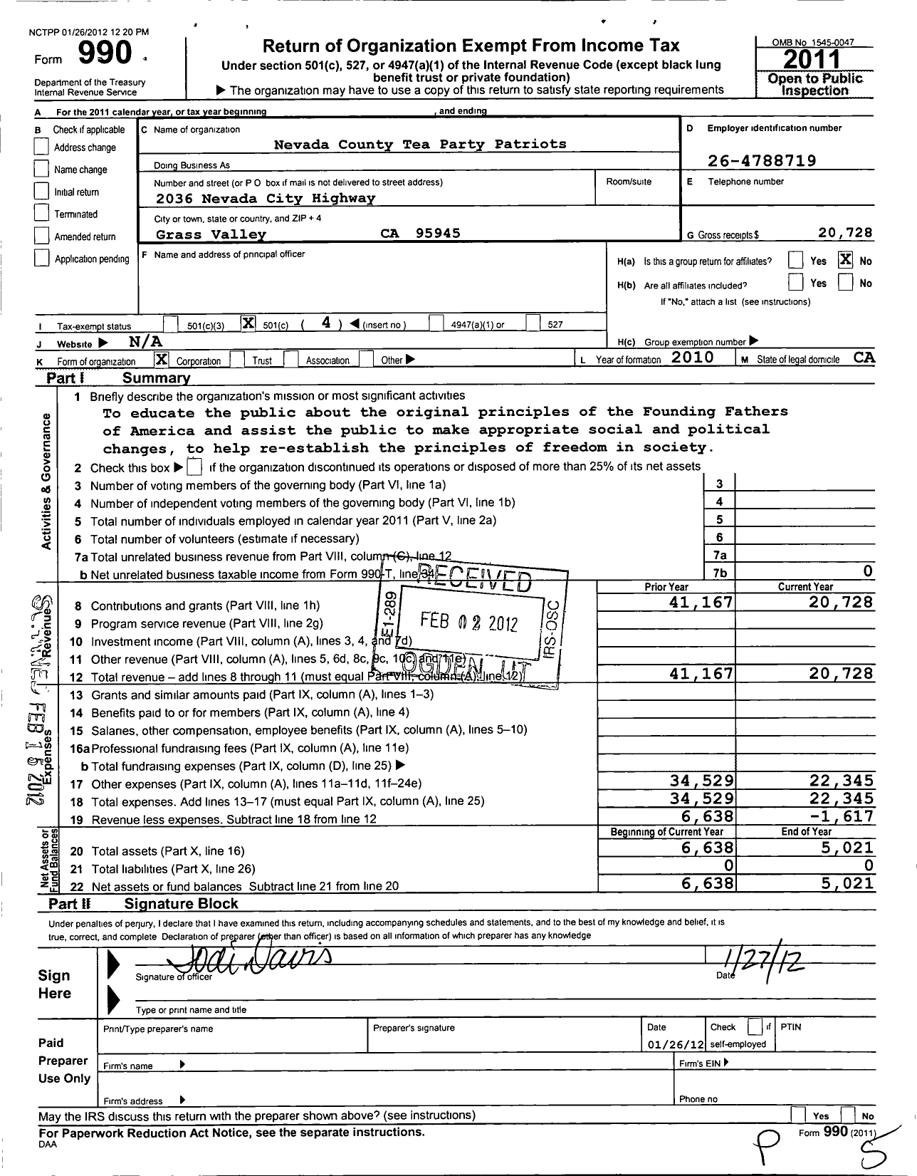 Image of first page of 2011 Form 990O for Nevada County Tea Party Patriots