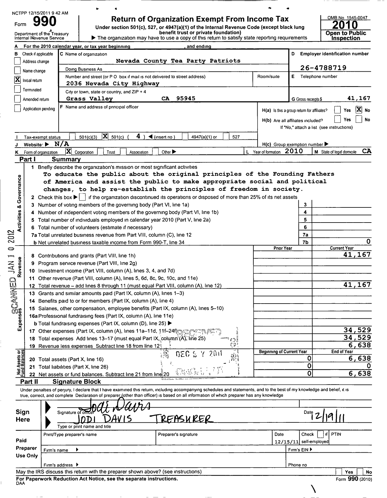 Image of first page of 2010 Form 990O for Nevada County Tea Party Patriots