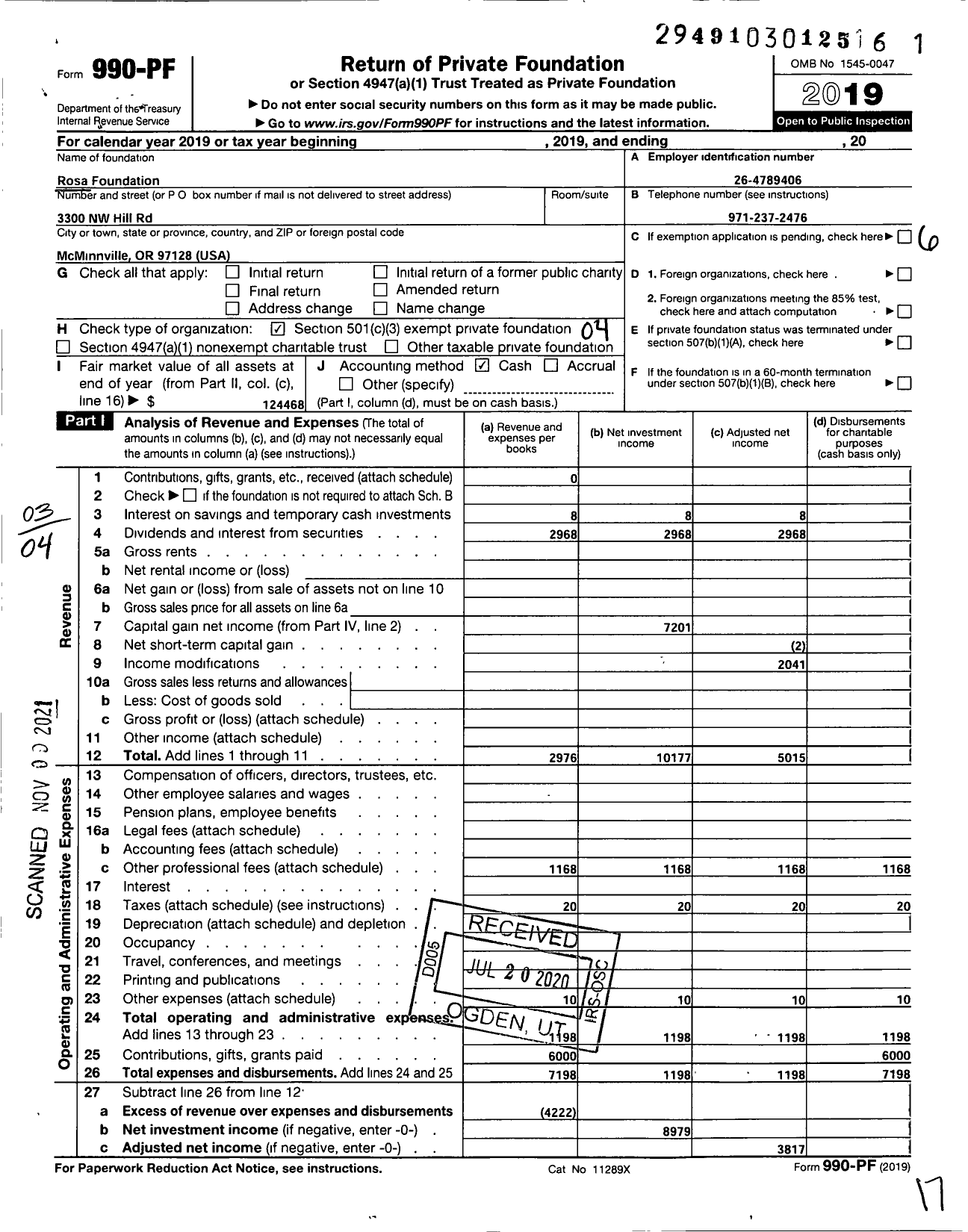 Image of first page of 2019 Form 990PF for Rosa Foundation