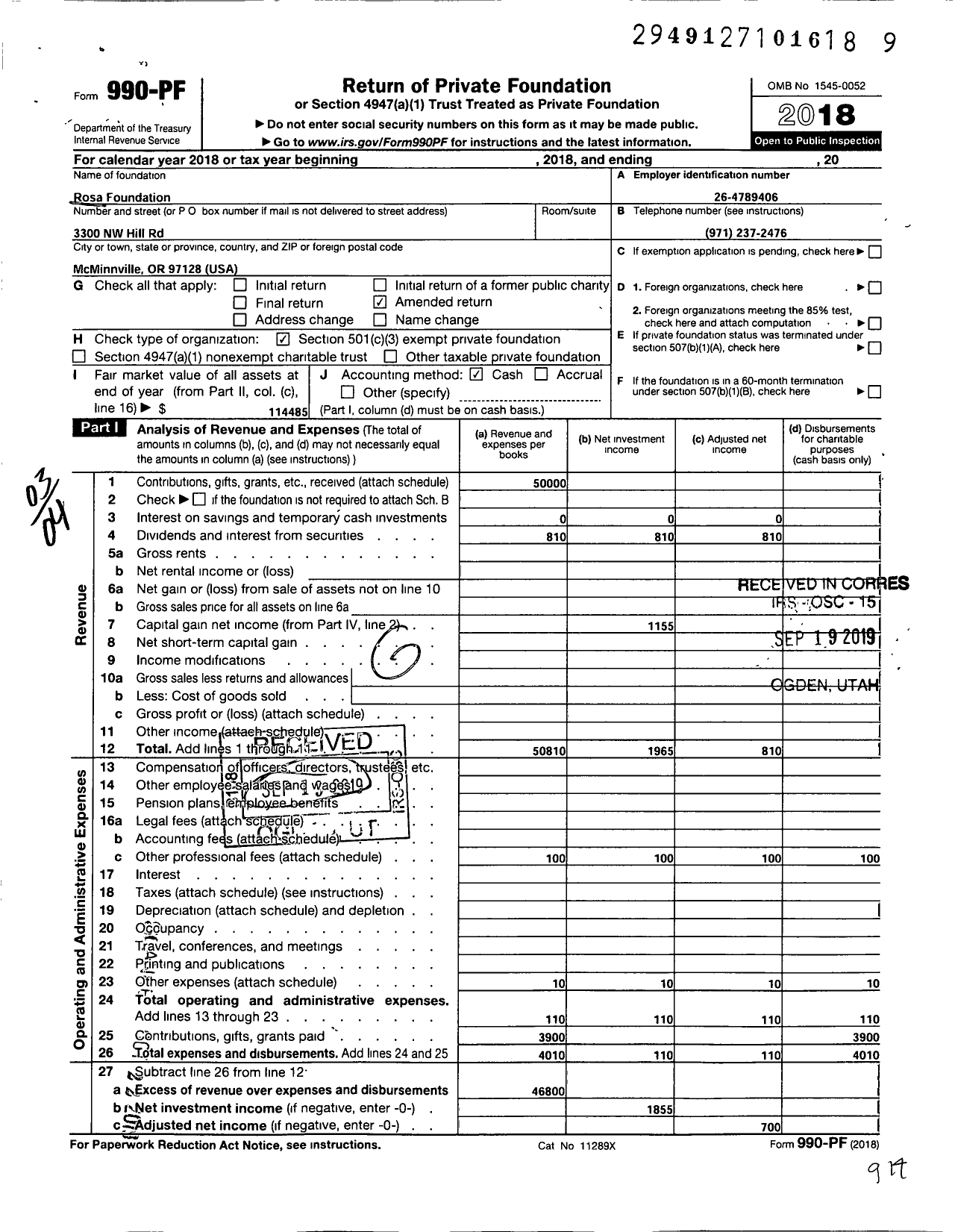 Image of first page of 2018 Form 990PF for Rosa Foundation