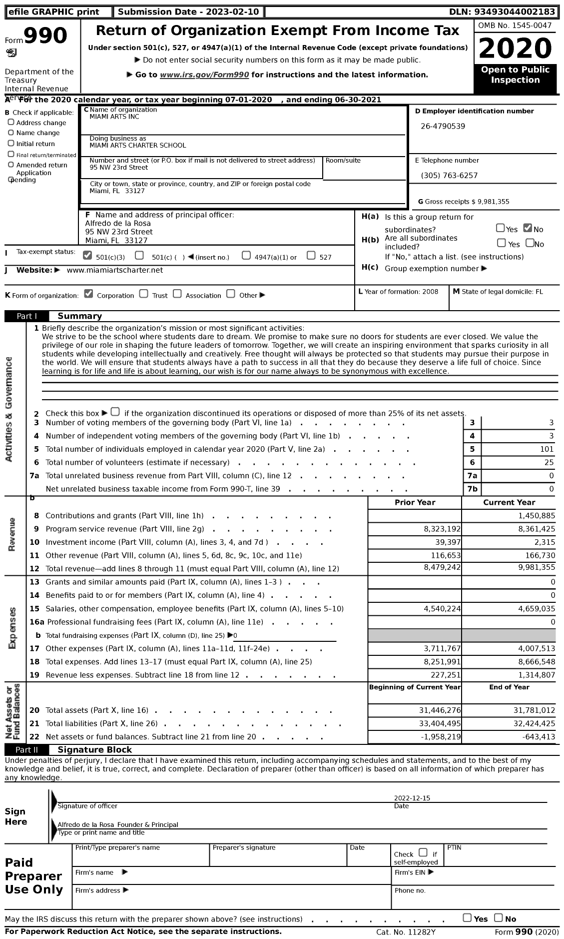 Image of first page of 2020 Form 990 for Miami Arts Charter School