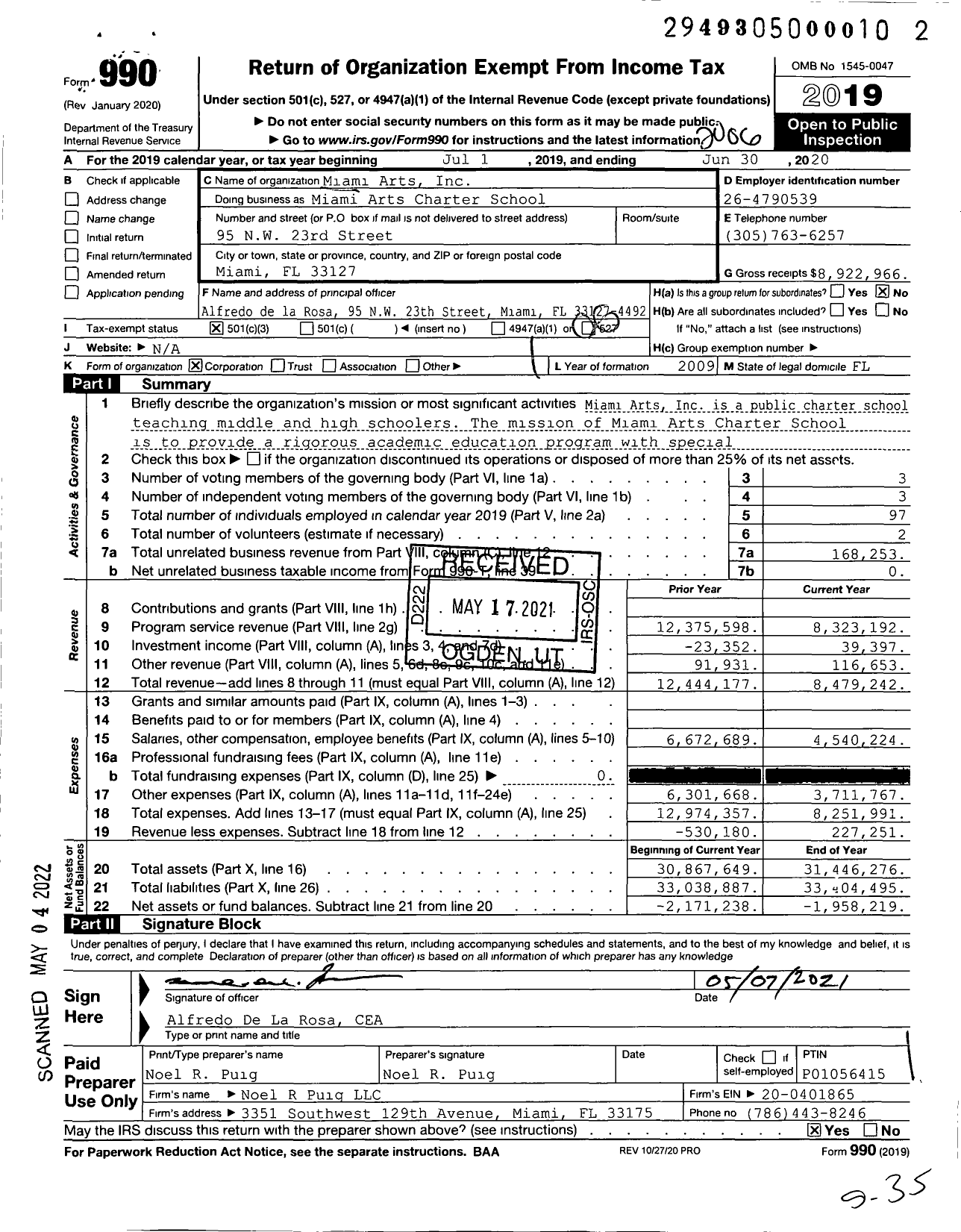 Image of first page of 2019 Form 990 for Miami Arts Charter School