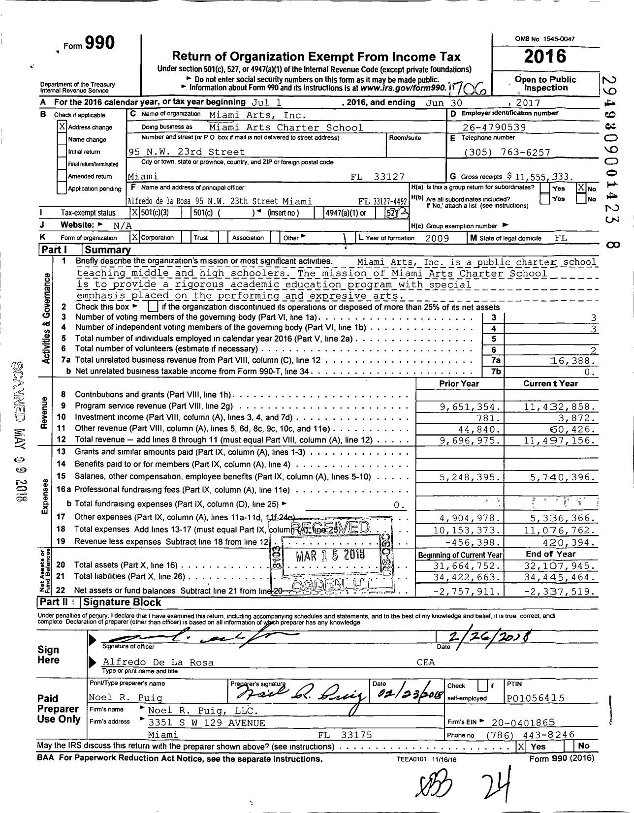 Image of first page of 2016 Form 990 for Miami Arts Charter School
