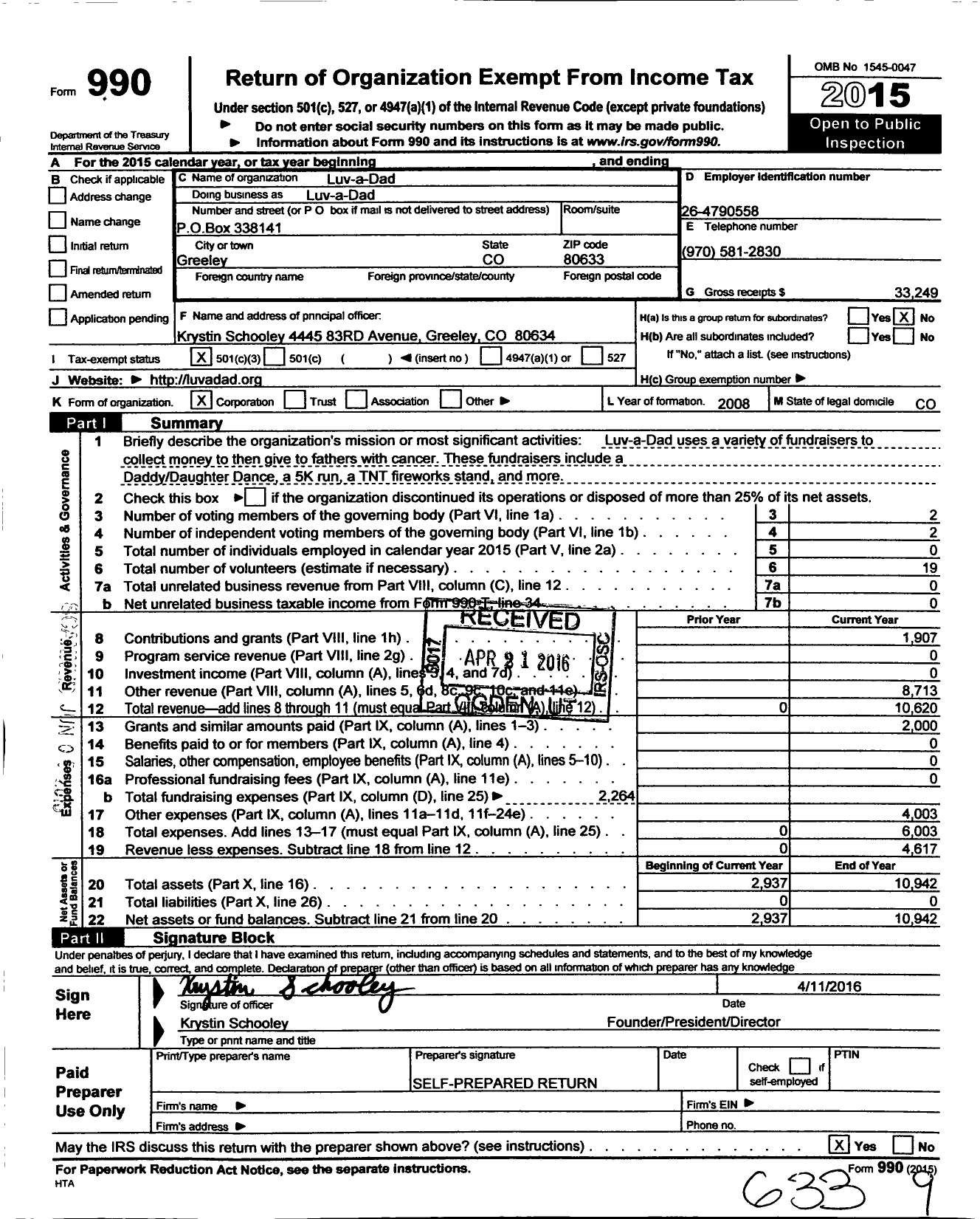 Image of first page of 2015 Form 990 for Luv-A-Dad