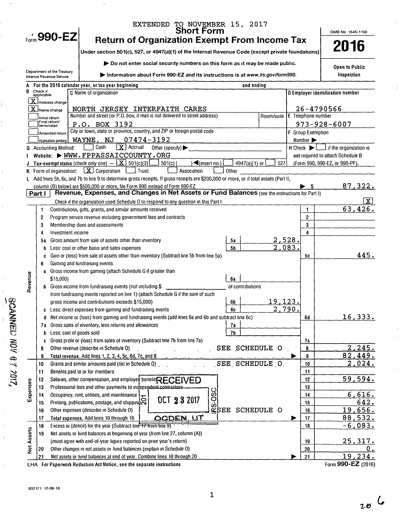 Image of first page of 2016 Form 990EZ for North Jersey Interfaith Cares