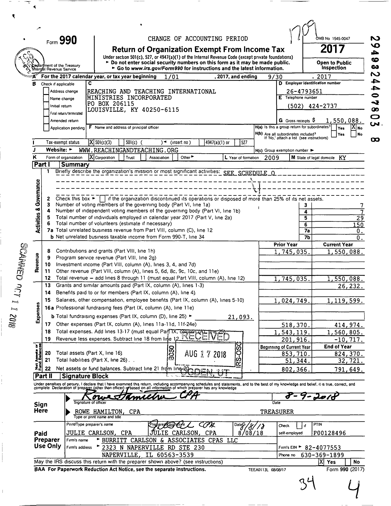 Image of first page of 2016 Form 990 for Reaching and Teaching International Ministries Incorporated