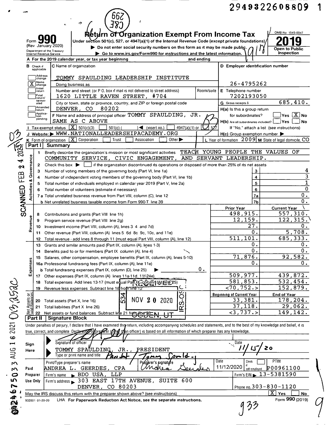 Image of first page of 2019 Form 990 for Tommy Spaulding Leadership Institute