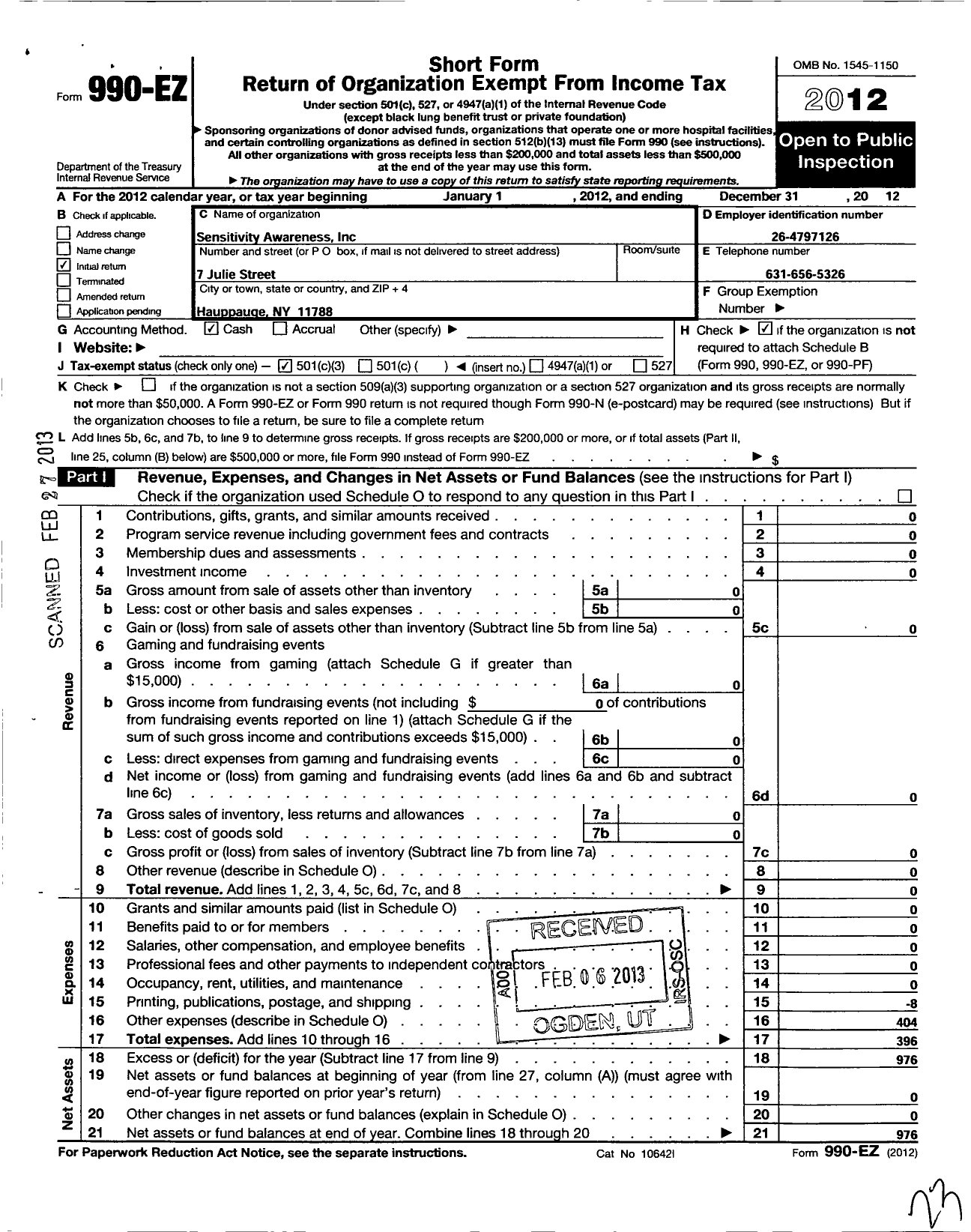 Image of first page of 2012 Form 990EZ for Sensitivity Awareness