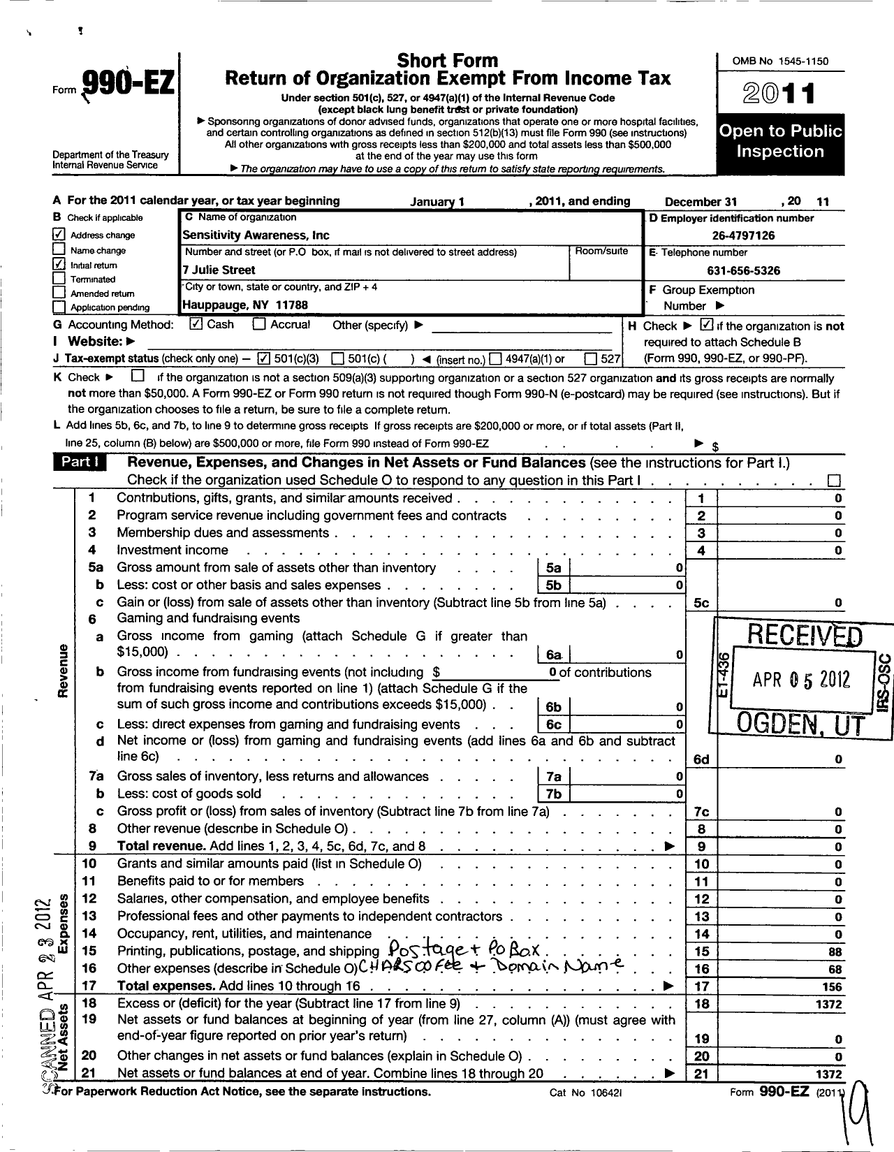 Image of first page of 2011 Form 990EZ for Sensitivity Awareness