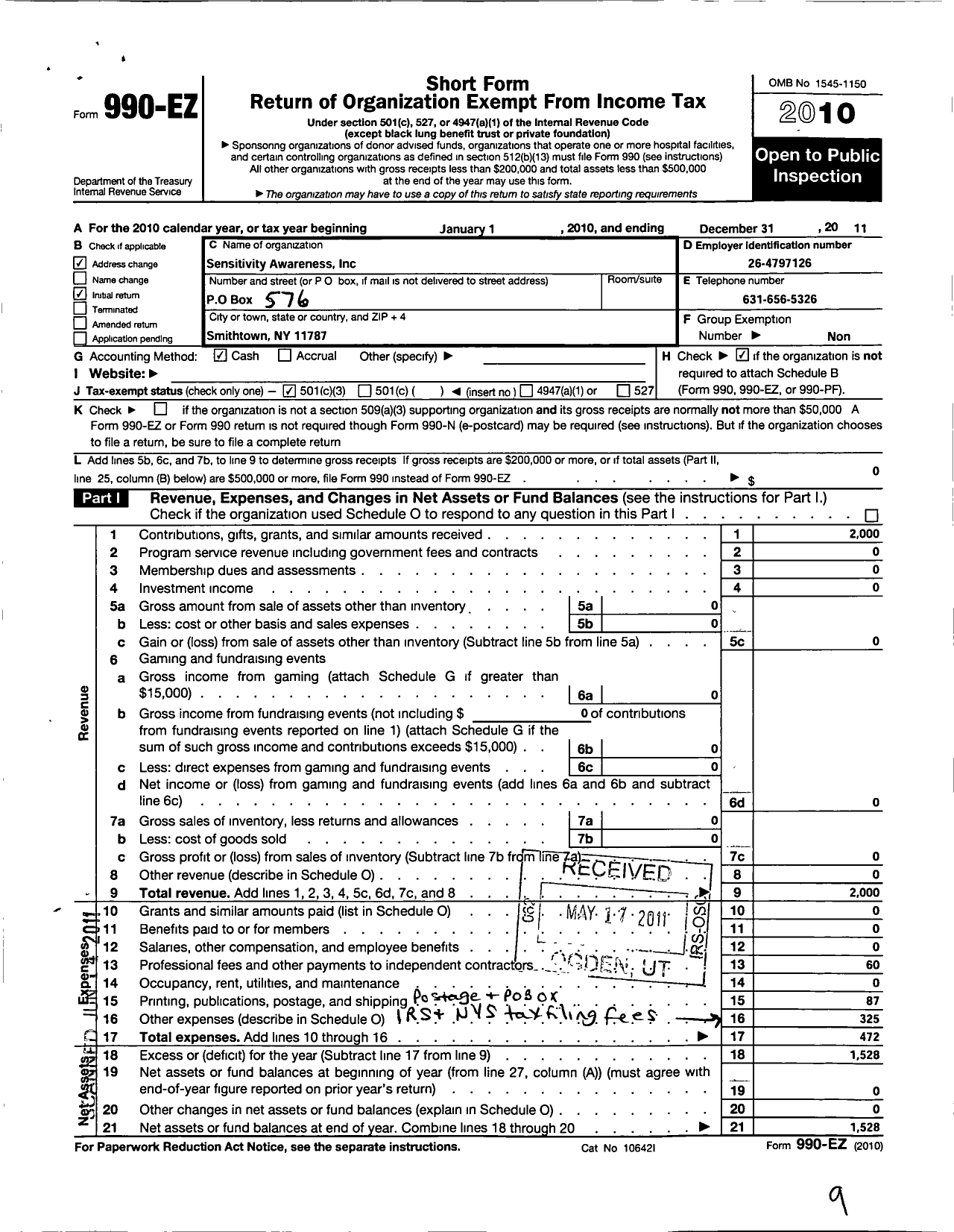 Image of first page of 2011 Form 990EZ for Sensitivity Awareness