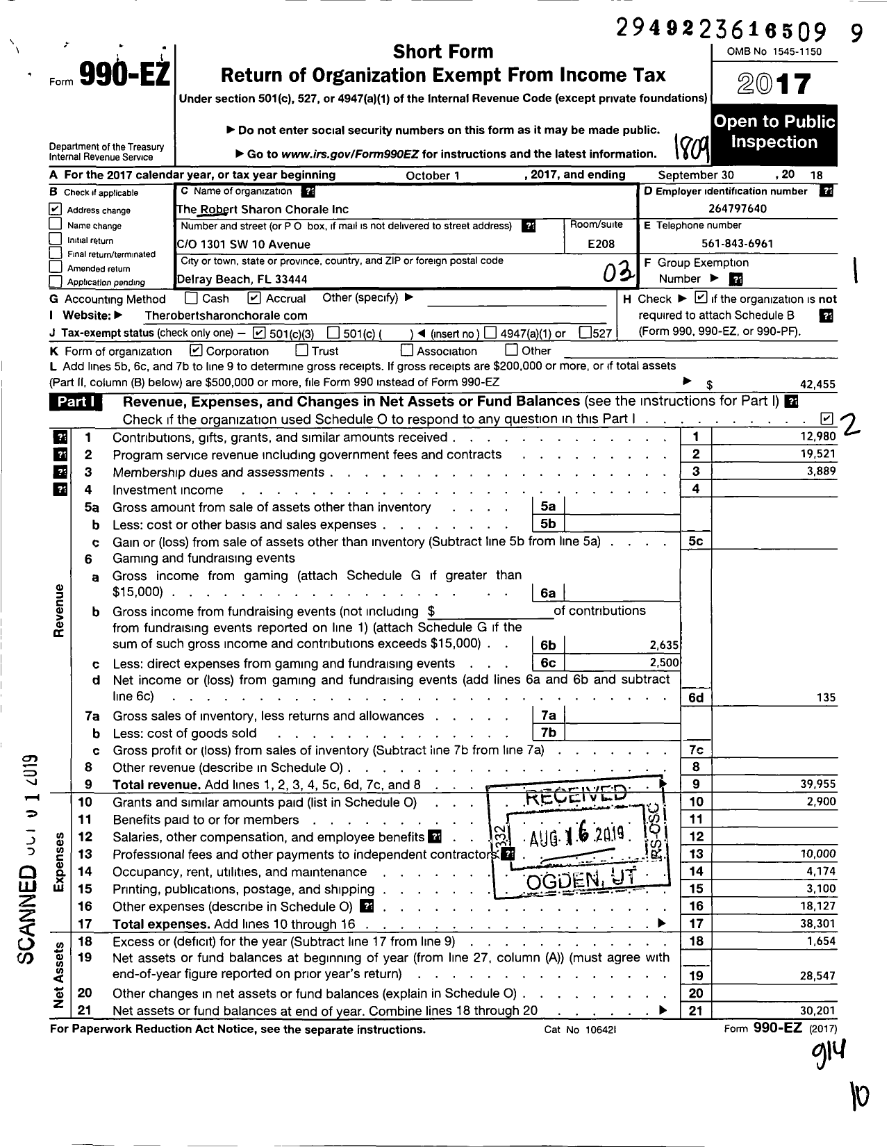 Image of first page of 2017 Form 990EZ for Robert Sharon Chorale