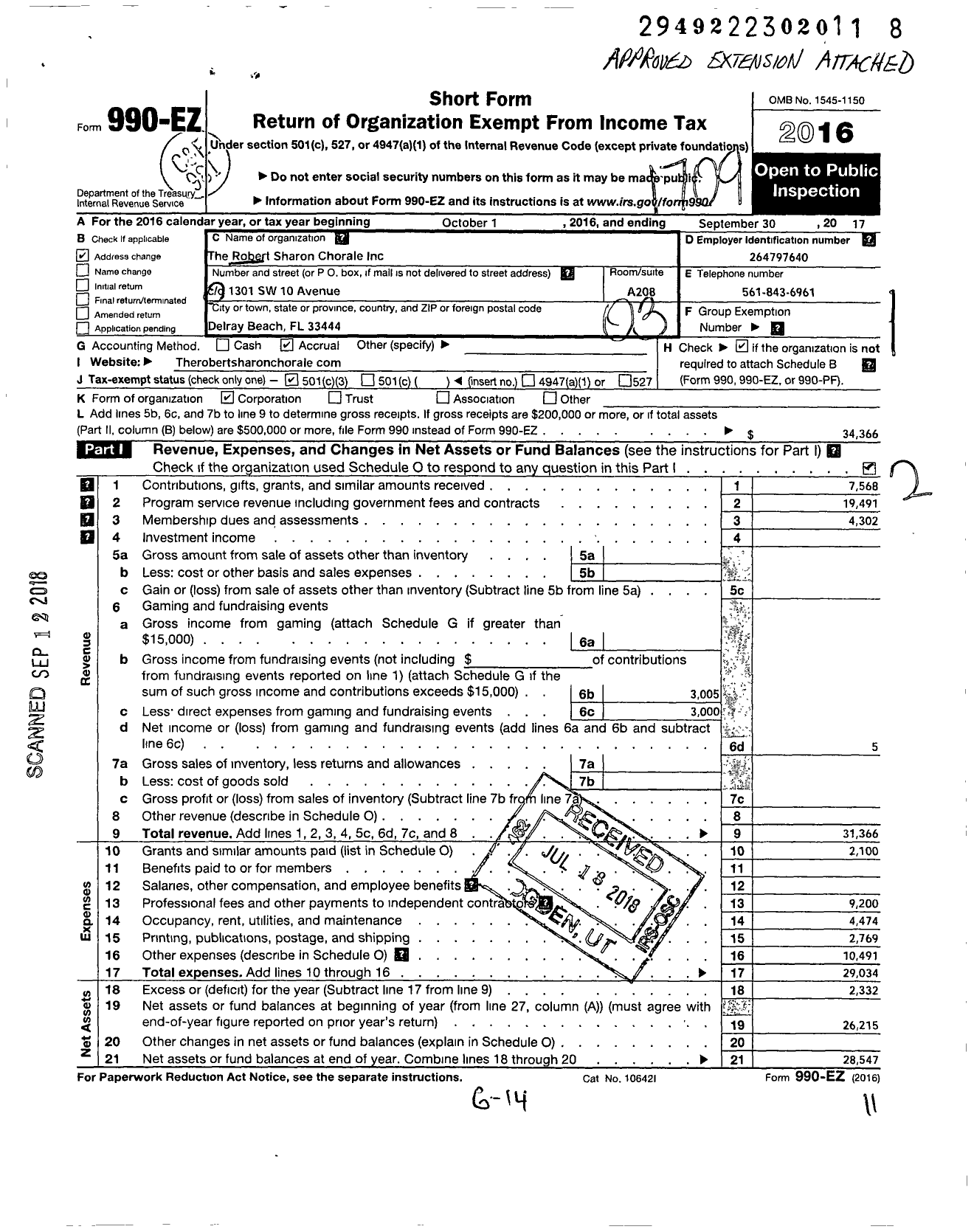 Image of first page of 2016 Form 990EZ for Robert Sharon Chorale