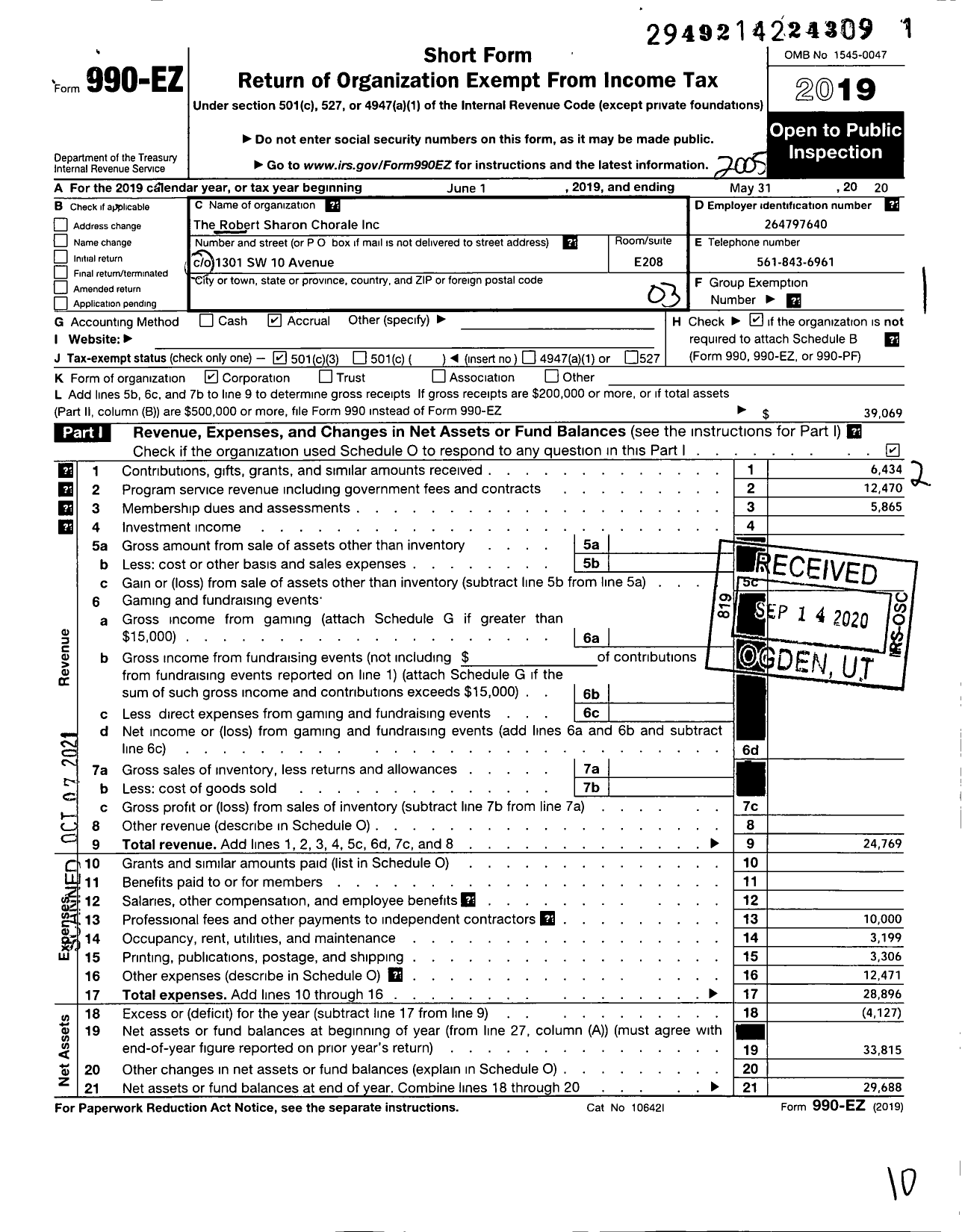 Image of first page of 2019 Form 990EZ for Robert Sharon Chorale