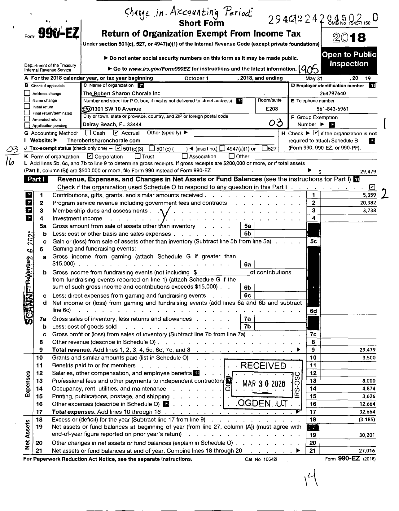 Image of first page of 2018 Form 990EZ for Robert Sharon Chorale