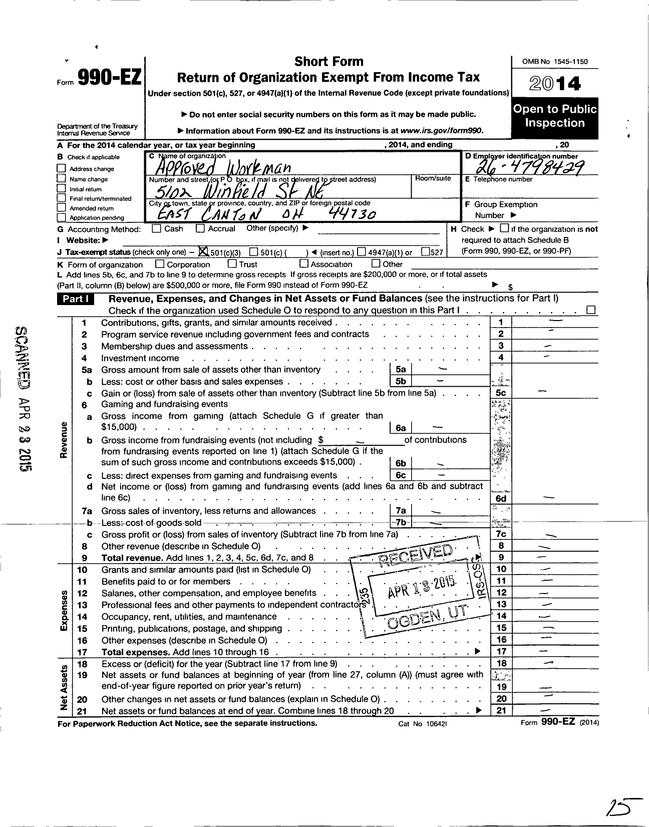 Image of first page of 2014 Form 990EZ for Approved Workman