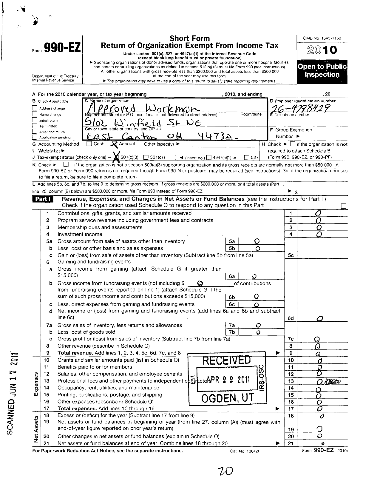 Image of first page of 2010 Form 990EZ for Approved Workman