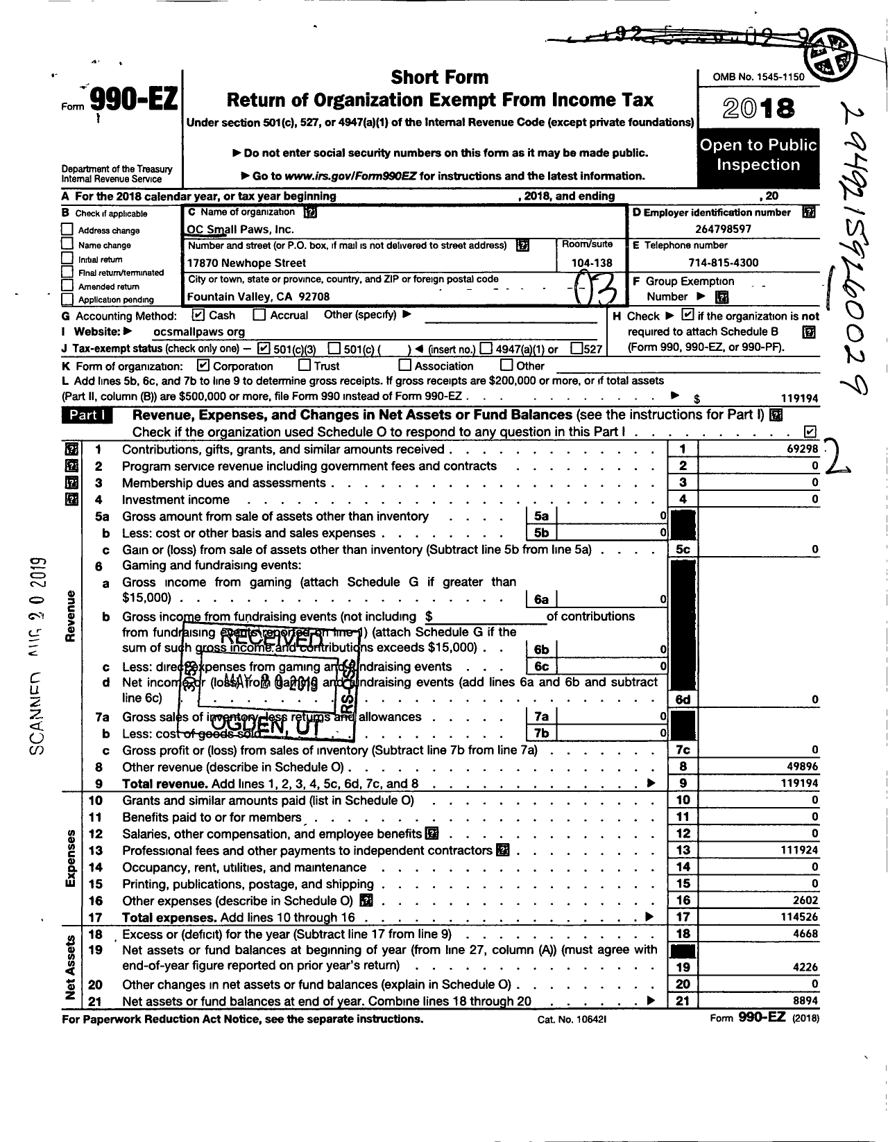 Image of first page of 2018 Form 990EZ for Oc C Small Paws