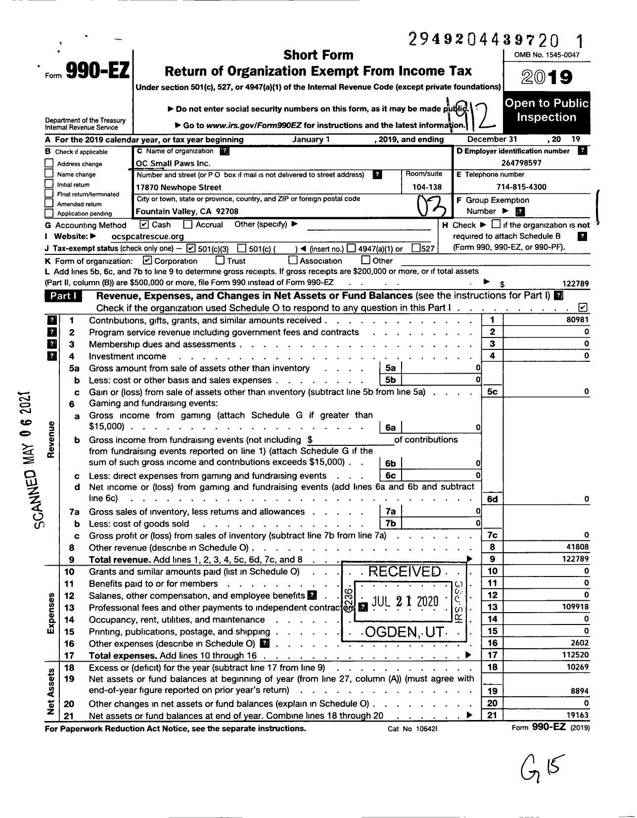 Image of first page of 2019 Form 990EZ for Oc C Small Paws