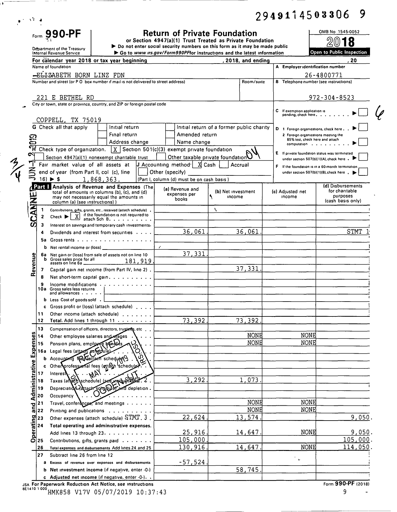 Image of first page of 2018 Form 990PF for Elizabeth Born Linz Foundation