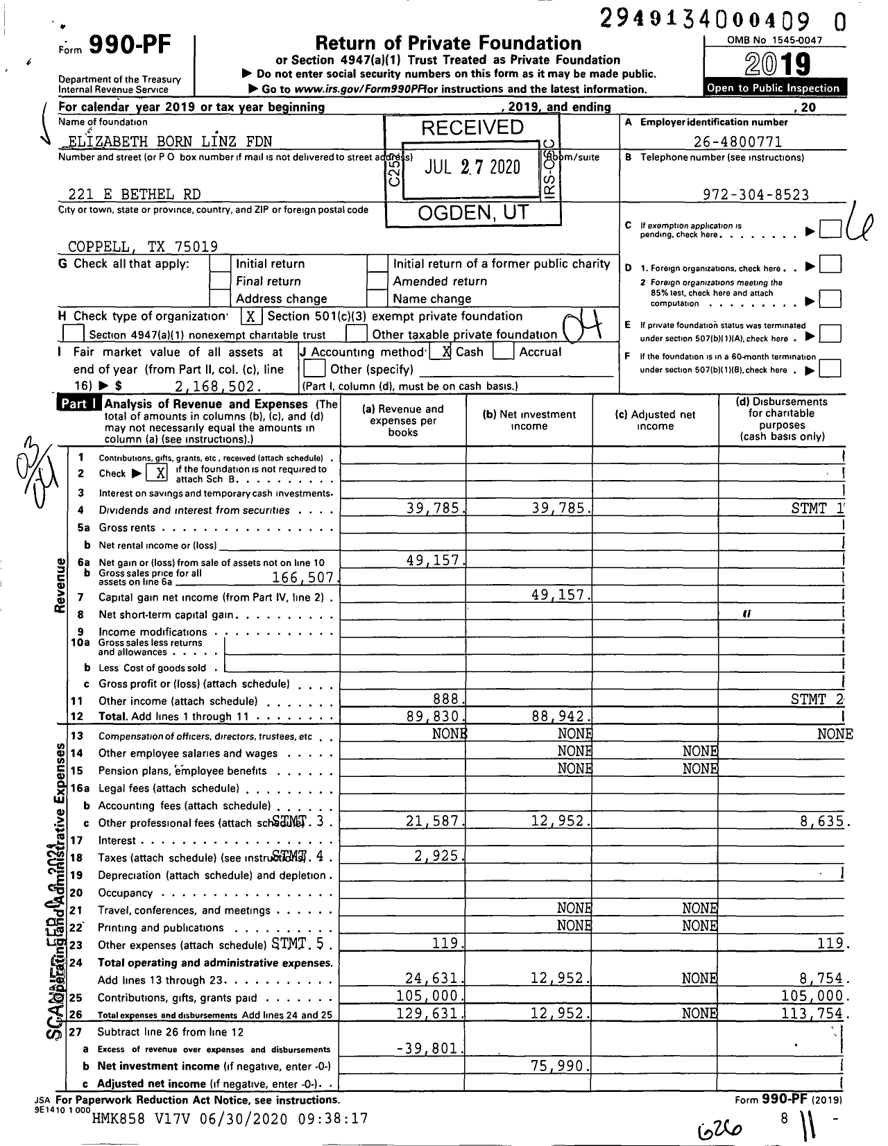 Image of first page of 2019 Form 990PF for Elizabeth Born Linz Foundation