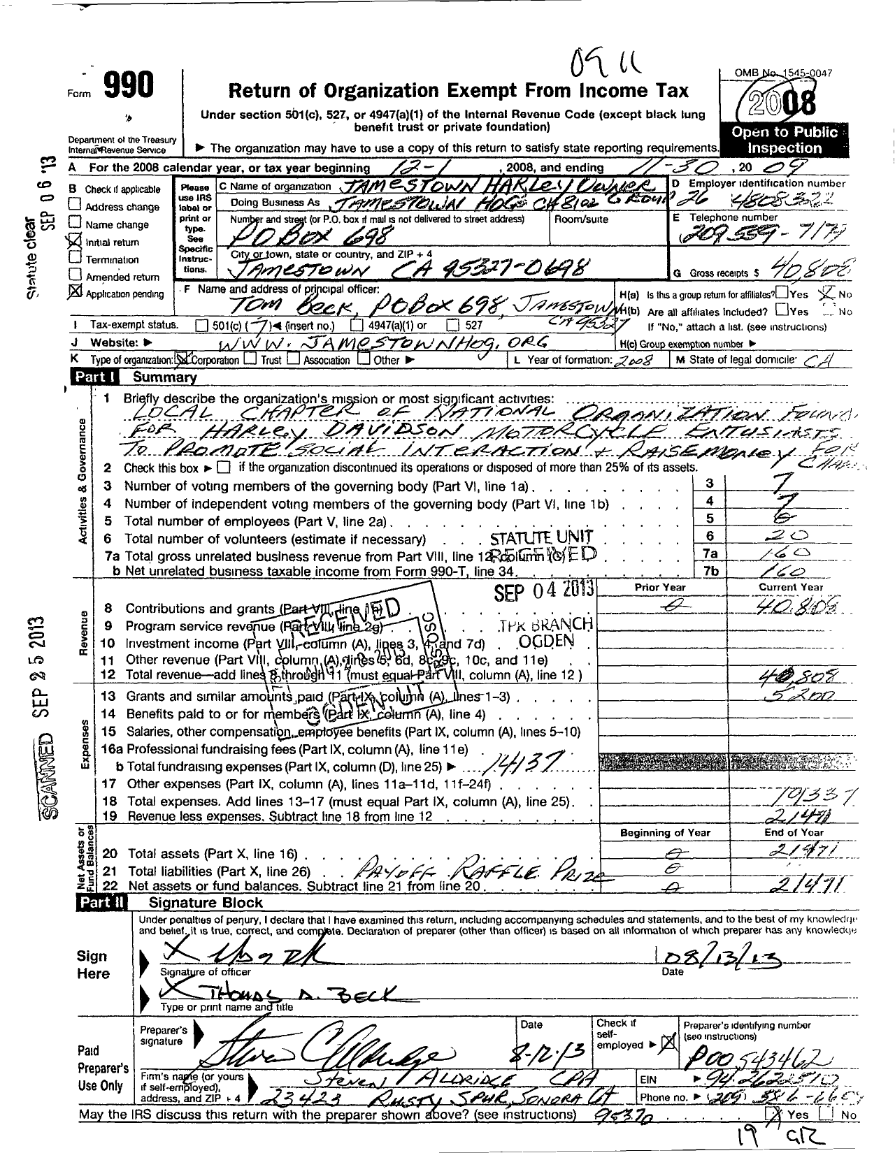 Image of first page of 2008 Form 990O for Jamestown Harley Owners Group Jamestown Hogs