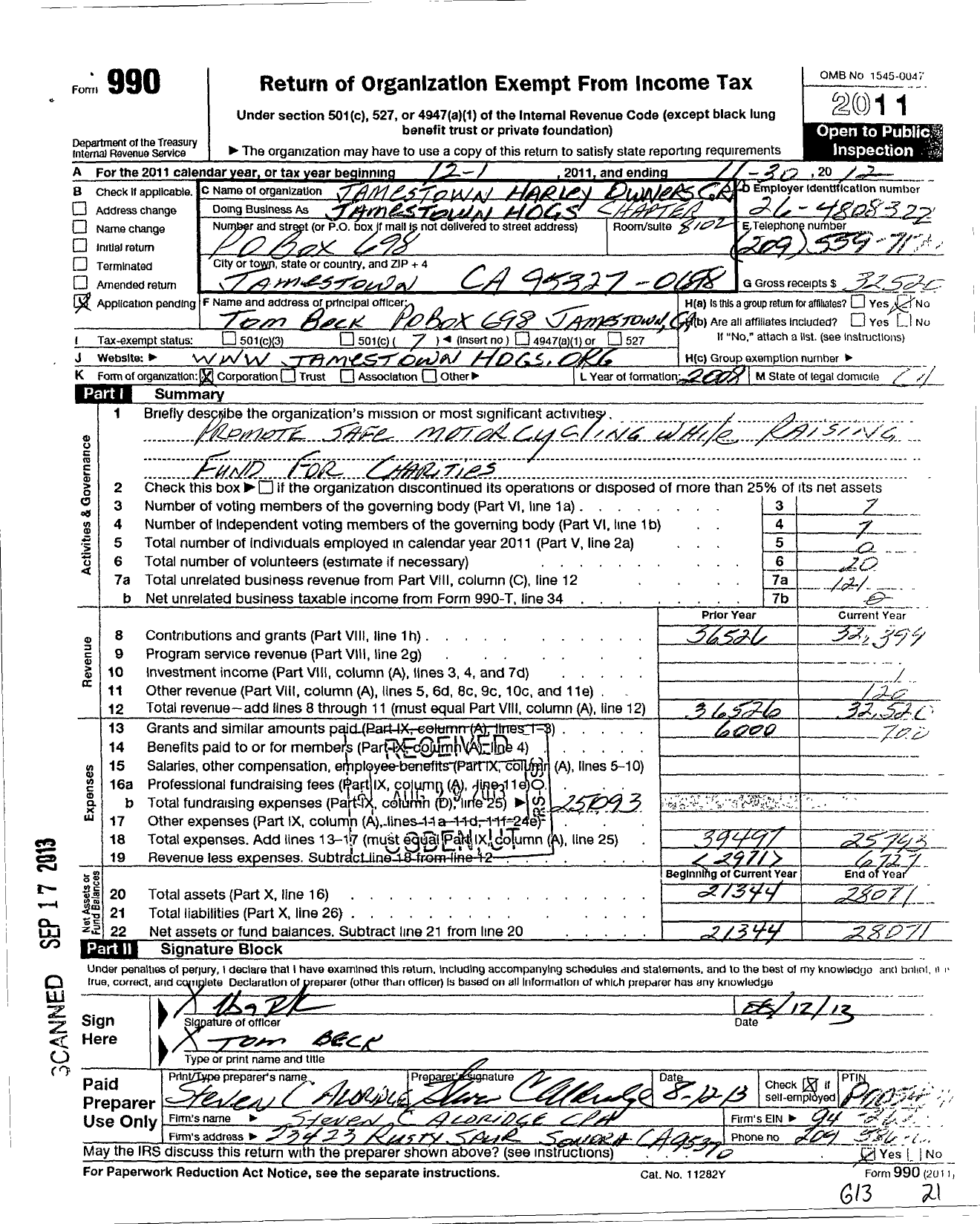 Image of first page of 2011 Form 990O for Jamestown Harley Owners Group Jamestown Hogs