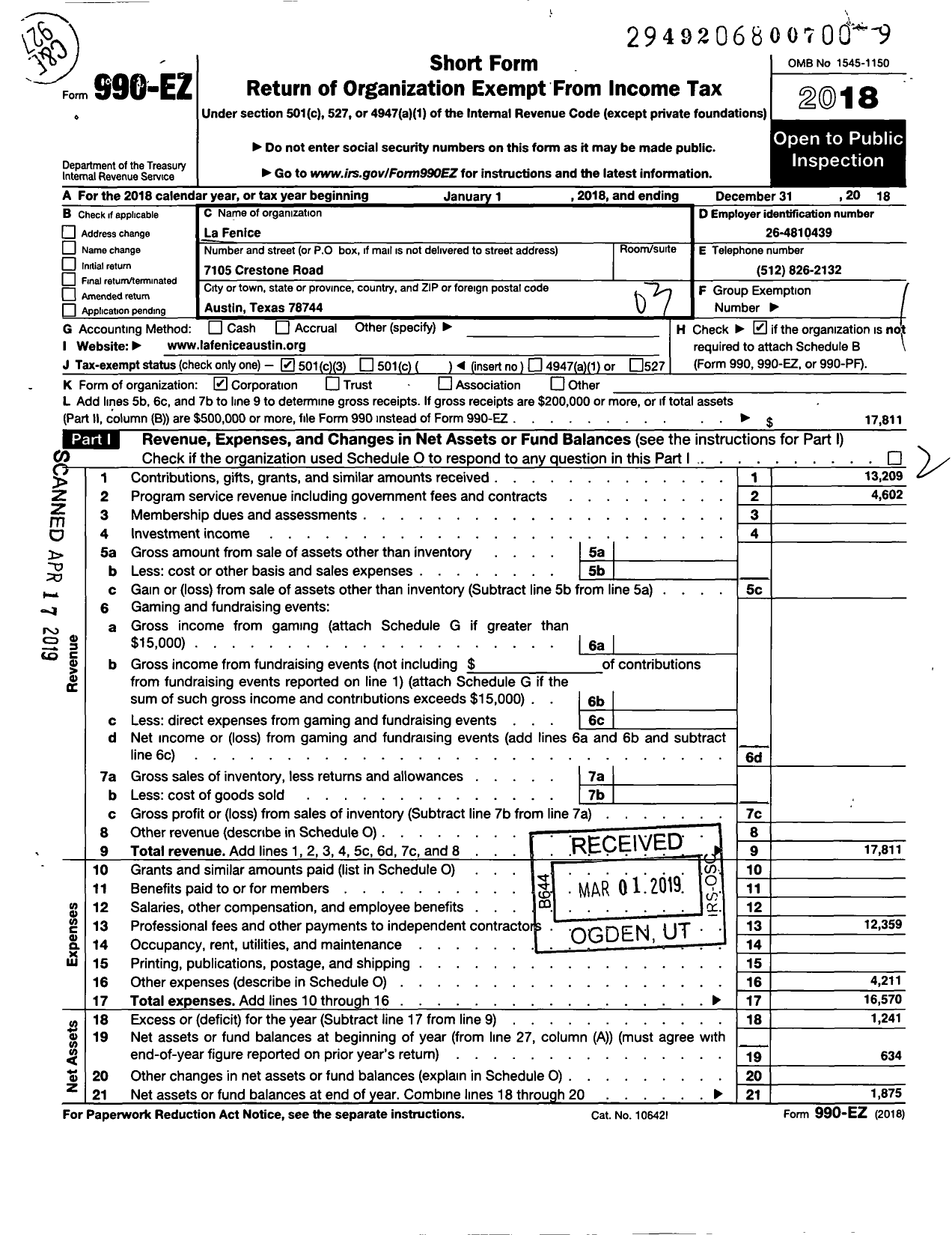 Image of first page of 2018 Form 990EZ for La Fenice