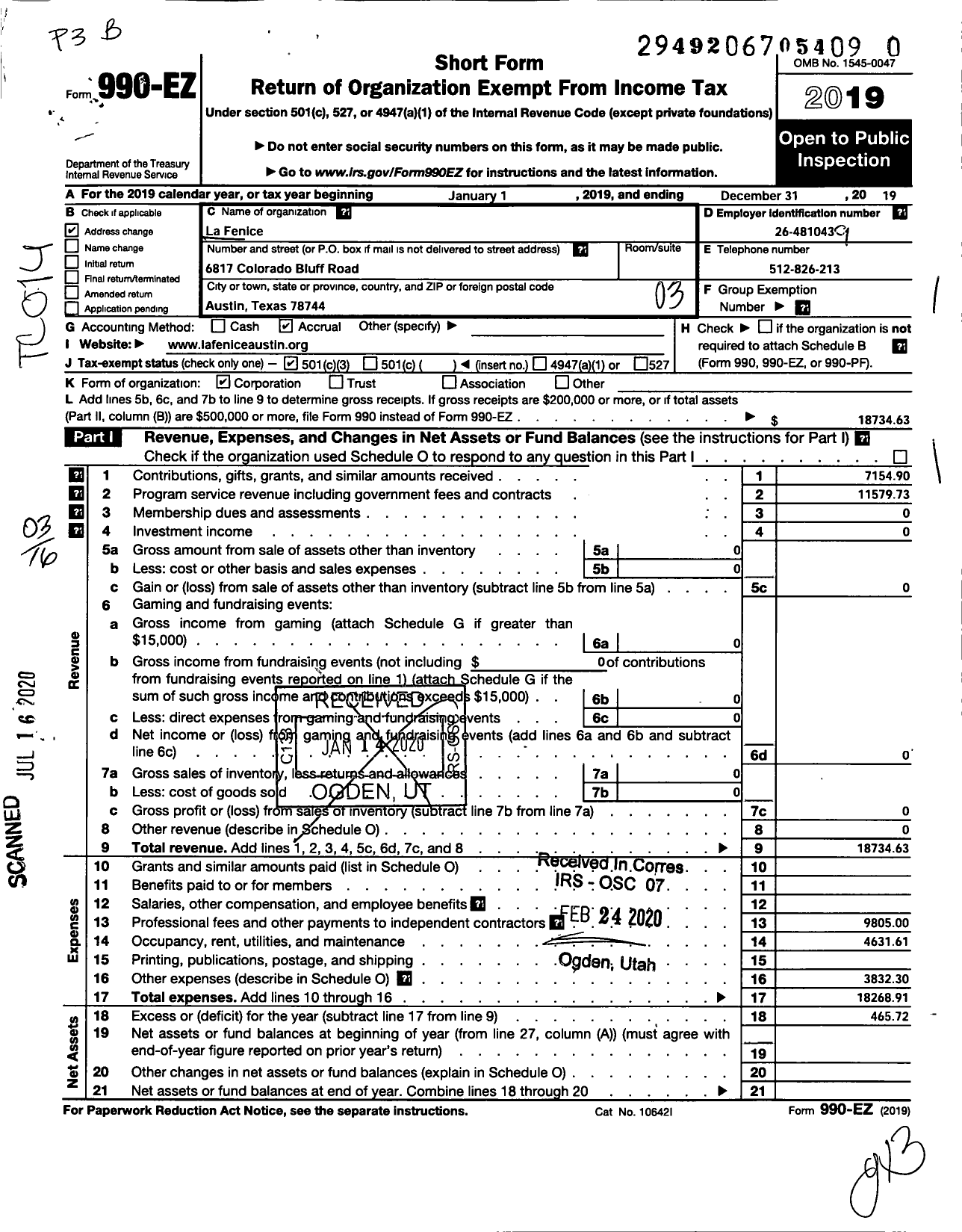 Image of first page of 2019 Form 990EZ for La Fenice