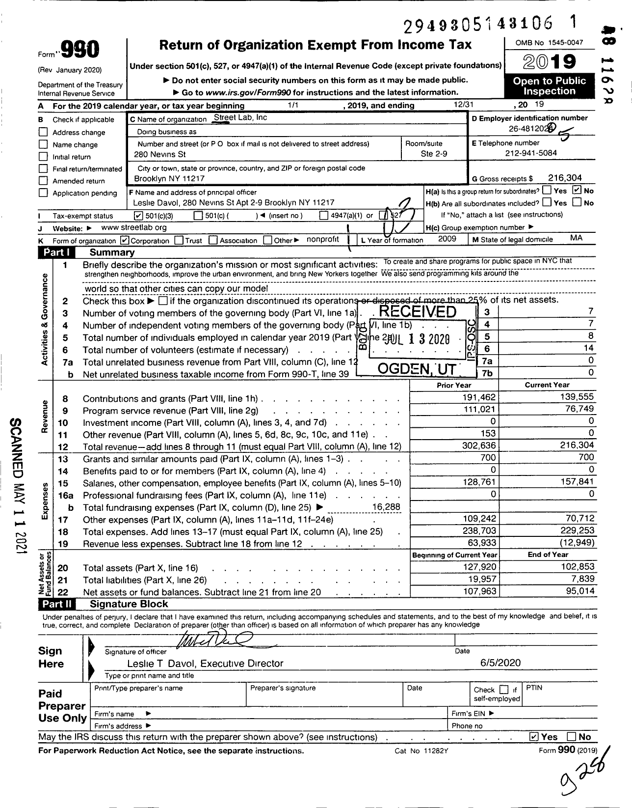 Image of first page of 2019 Form 990 for Street Lab