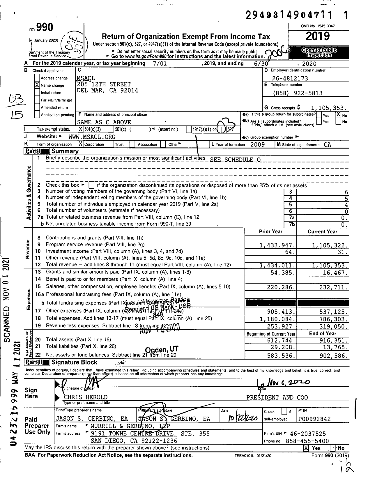 Image of first page of 2019 Form 990 for Msacl