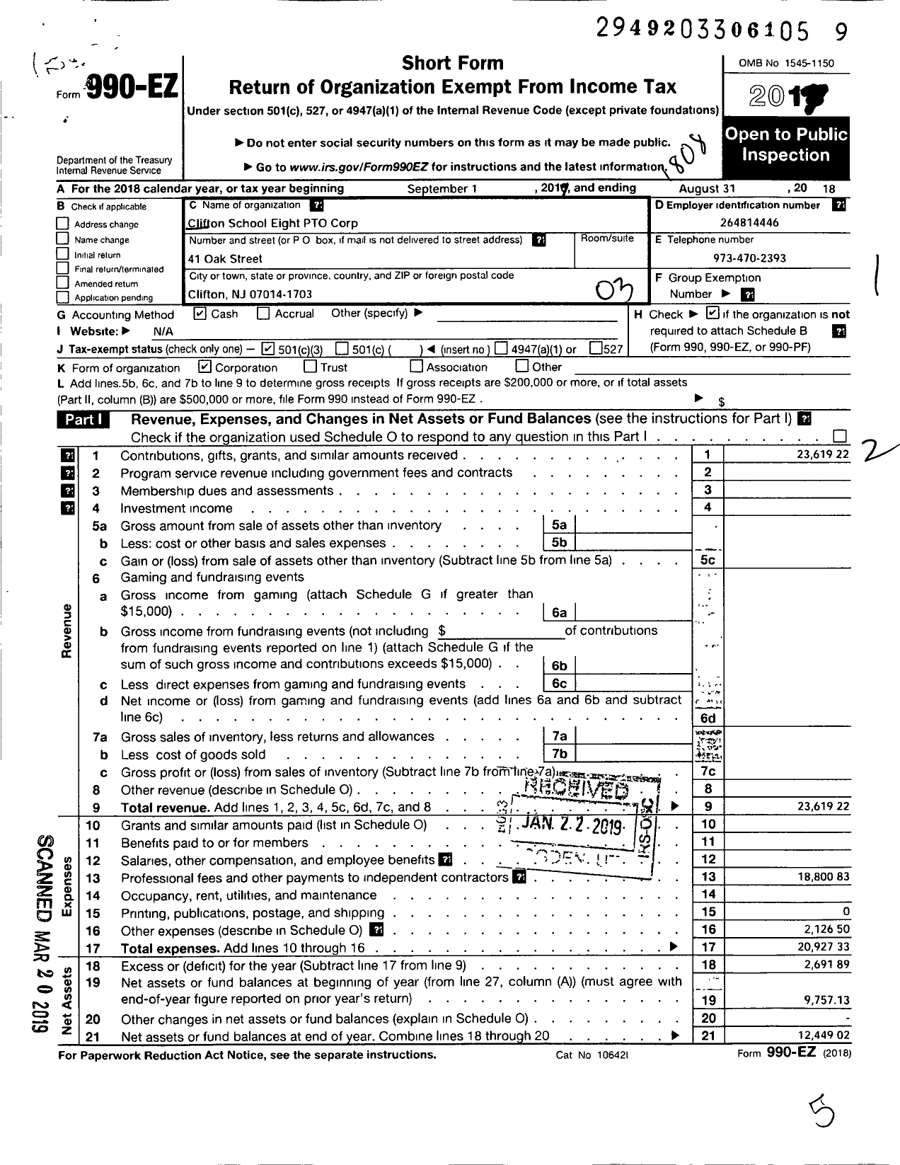 Image of first page of 2017 Form 990EZ for Clifton School Eight Pto Corporation