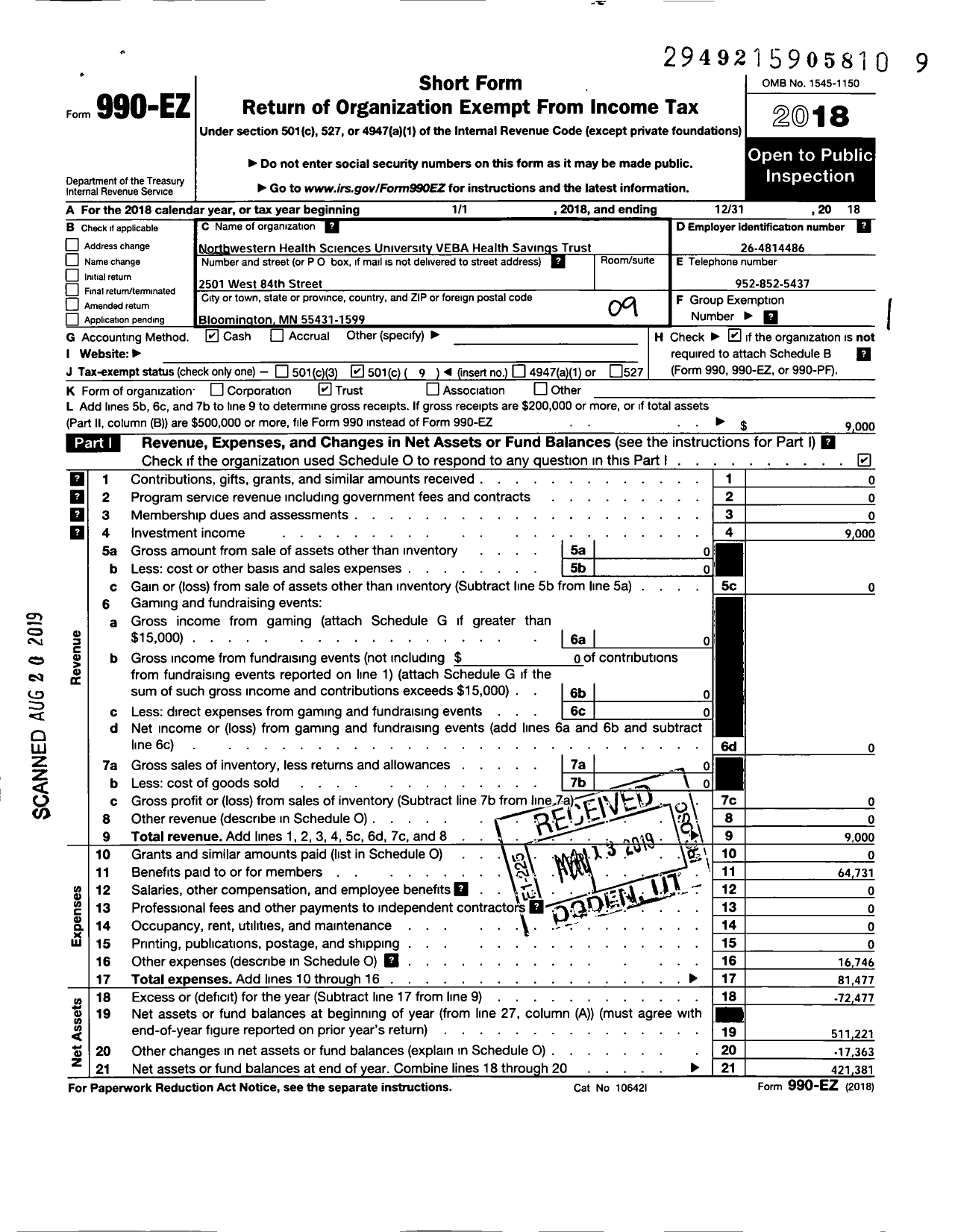 Image of first page of 2018 Form 990EO for Northwestern Health Sciences University Veba Health Savings Trust