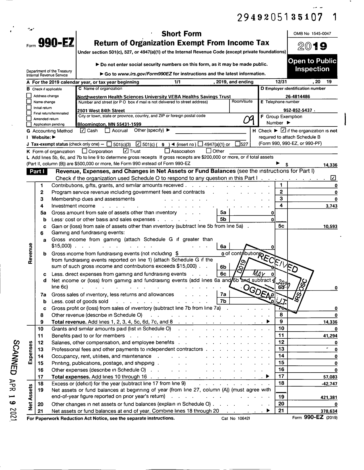 Image of first page of 2019 Form 990EO for Northwestern Health Sciences University Veba Health Savings Trust