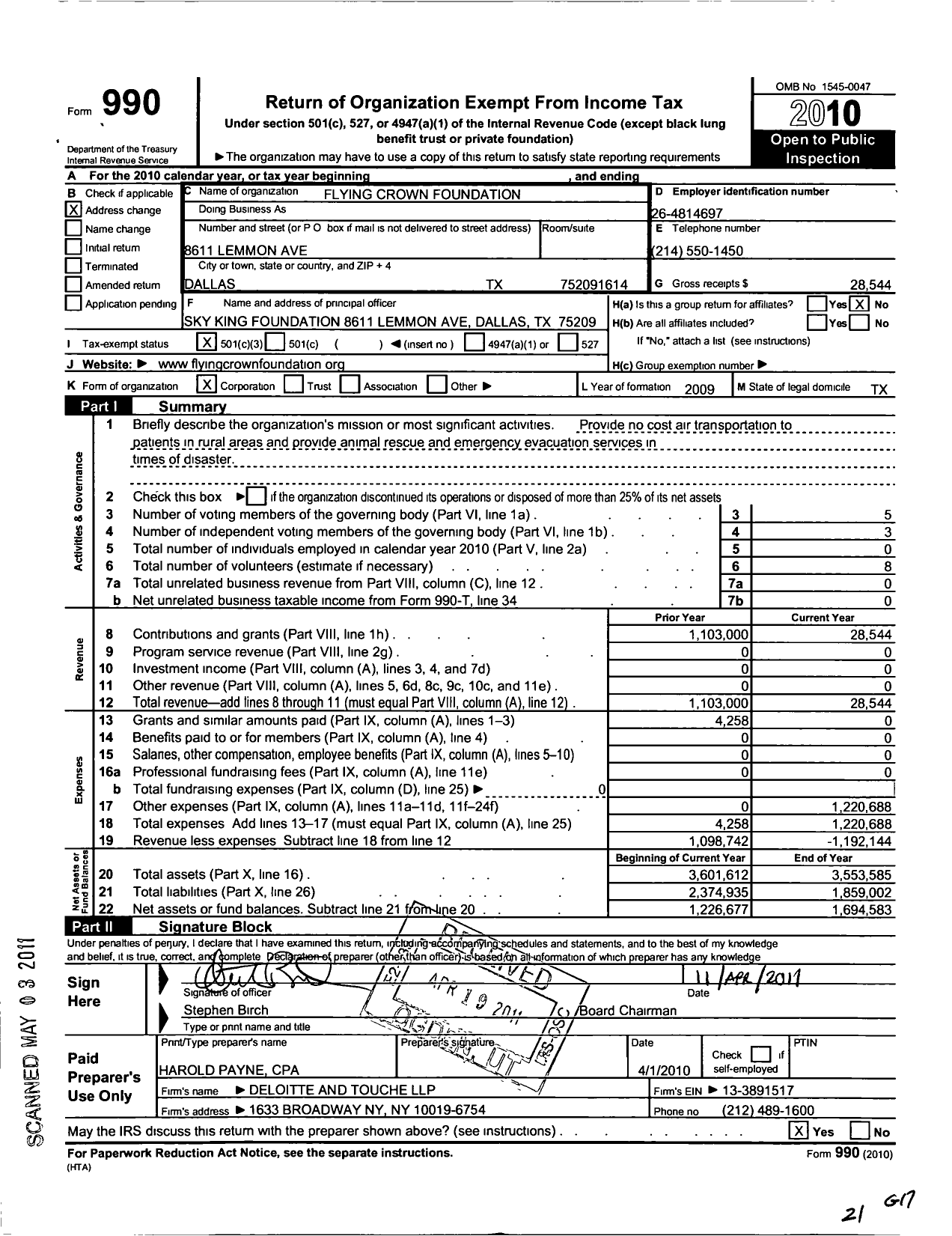 Image of first page of 2010 Form 990 for Flying Crown Foundation