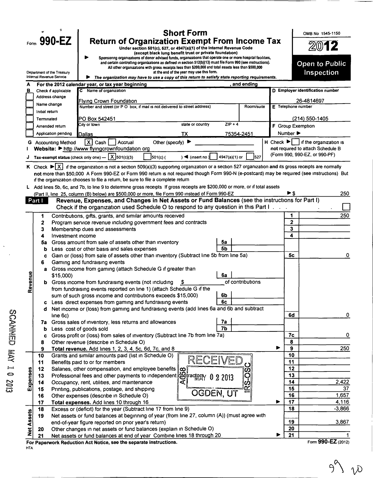 Image of first page of 2012 Form 990EZ for Flying Crown Foundation