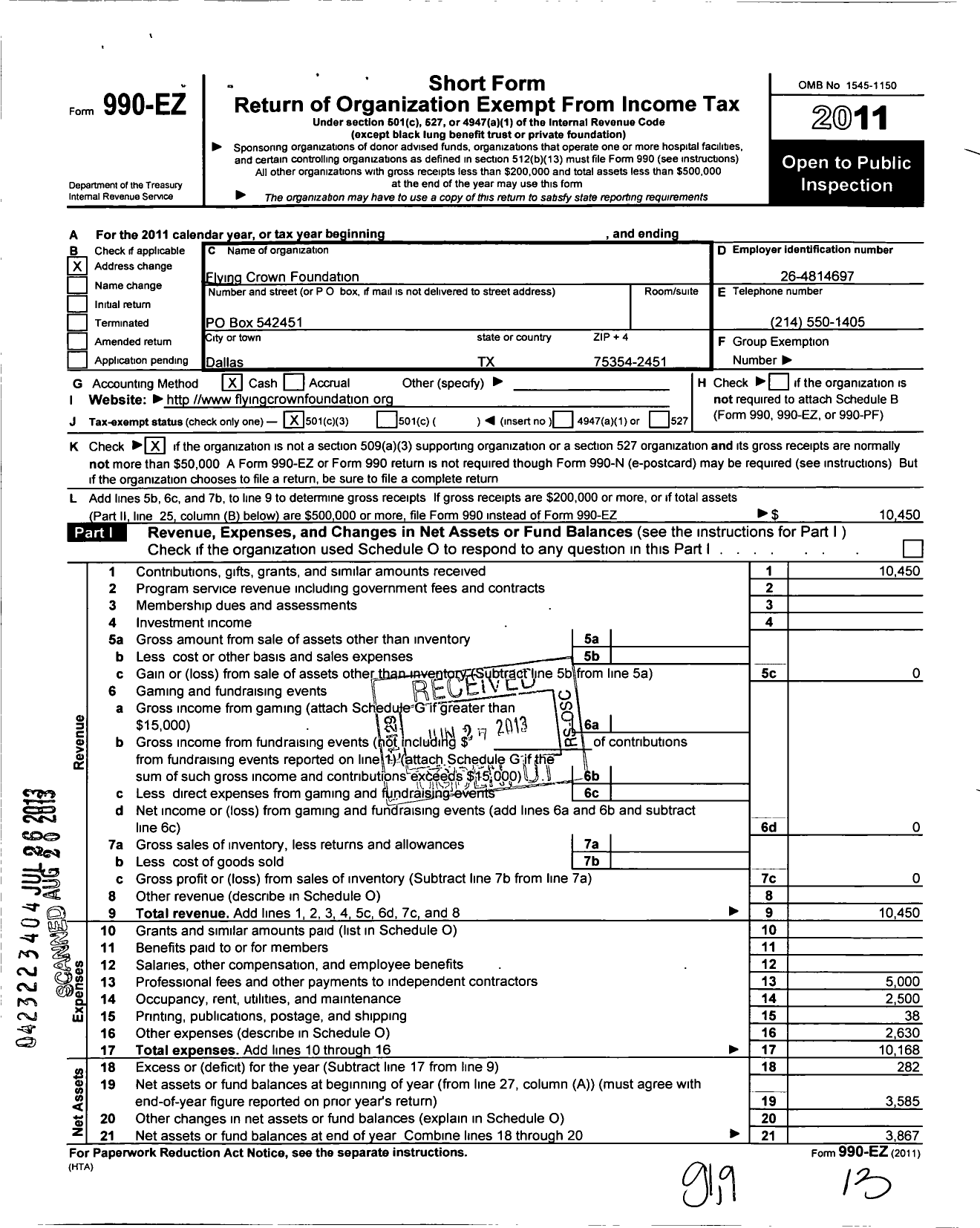 Image of first page of 2011 Form 990EZ for Flying Crown Foundation