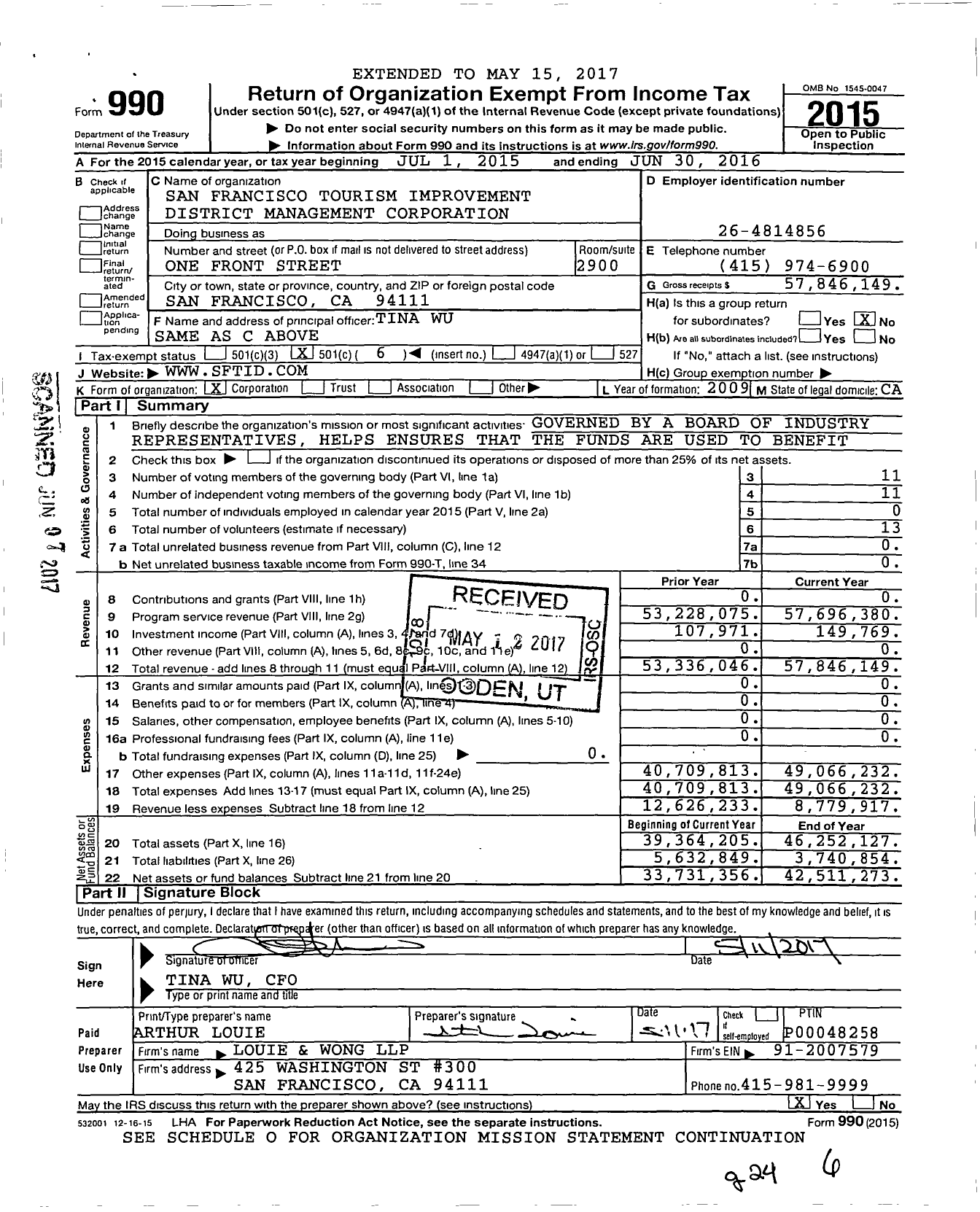 Image of first page of 2015 Form 990O for San Francisco Tourism Improvement District (SF TID)