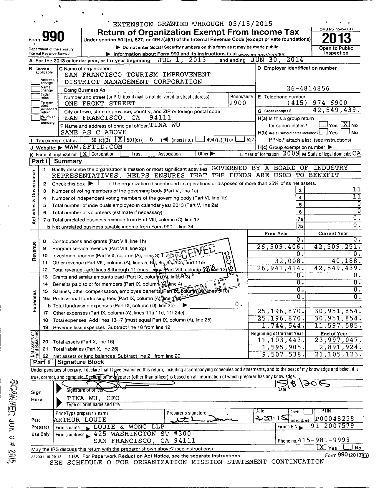 Image of first page of 2013 Form 990O for San Francisco Tourism Improvement District (SF TID)